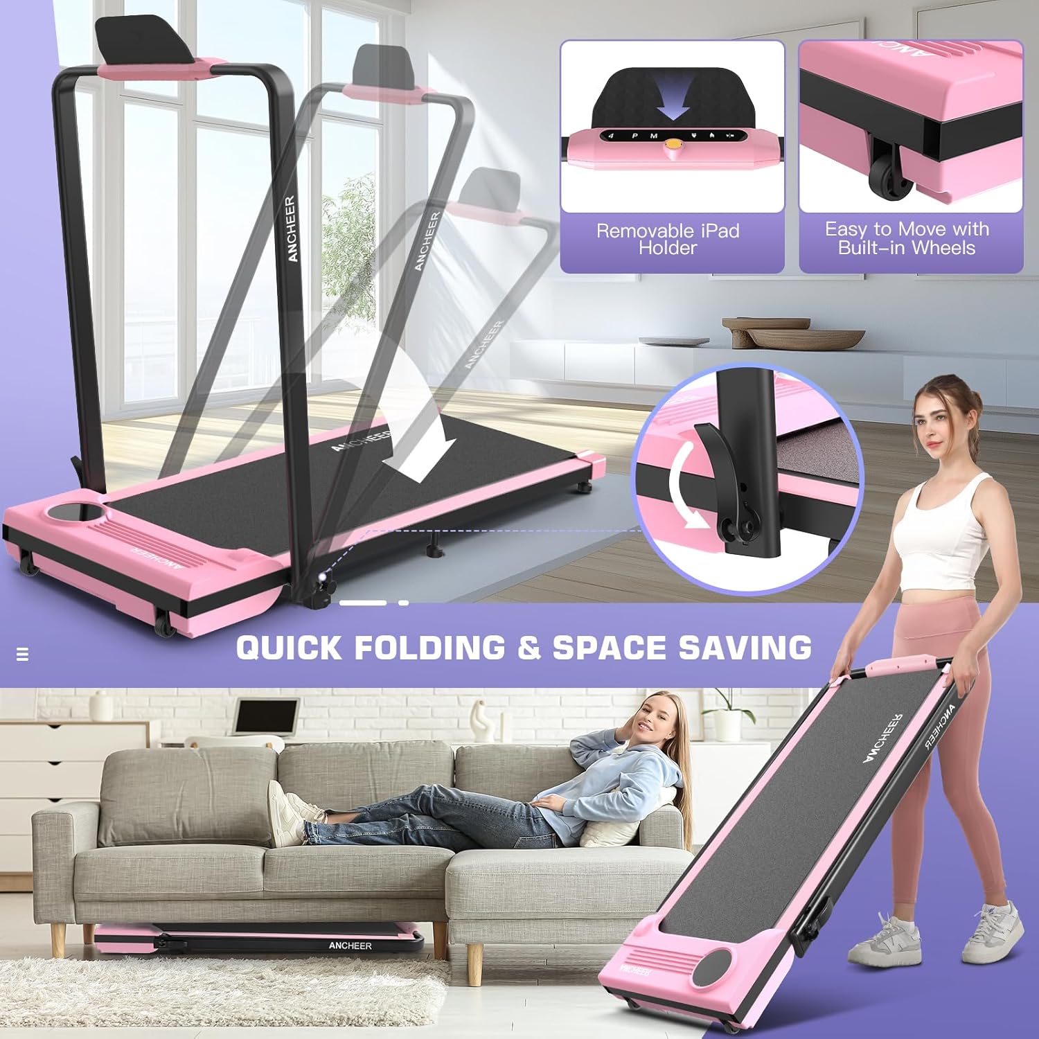 ANCHEER Walking Pad Treadmill with Incline and Handle Bar - Under Desk Treadmill 4 in 1 Folding Treadmills for Home Office/LED Display/Dual Control/12 Preset Programs - Image 6