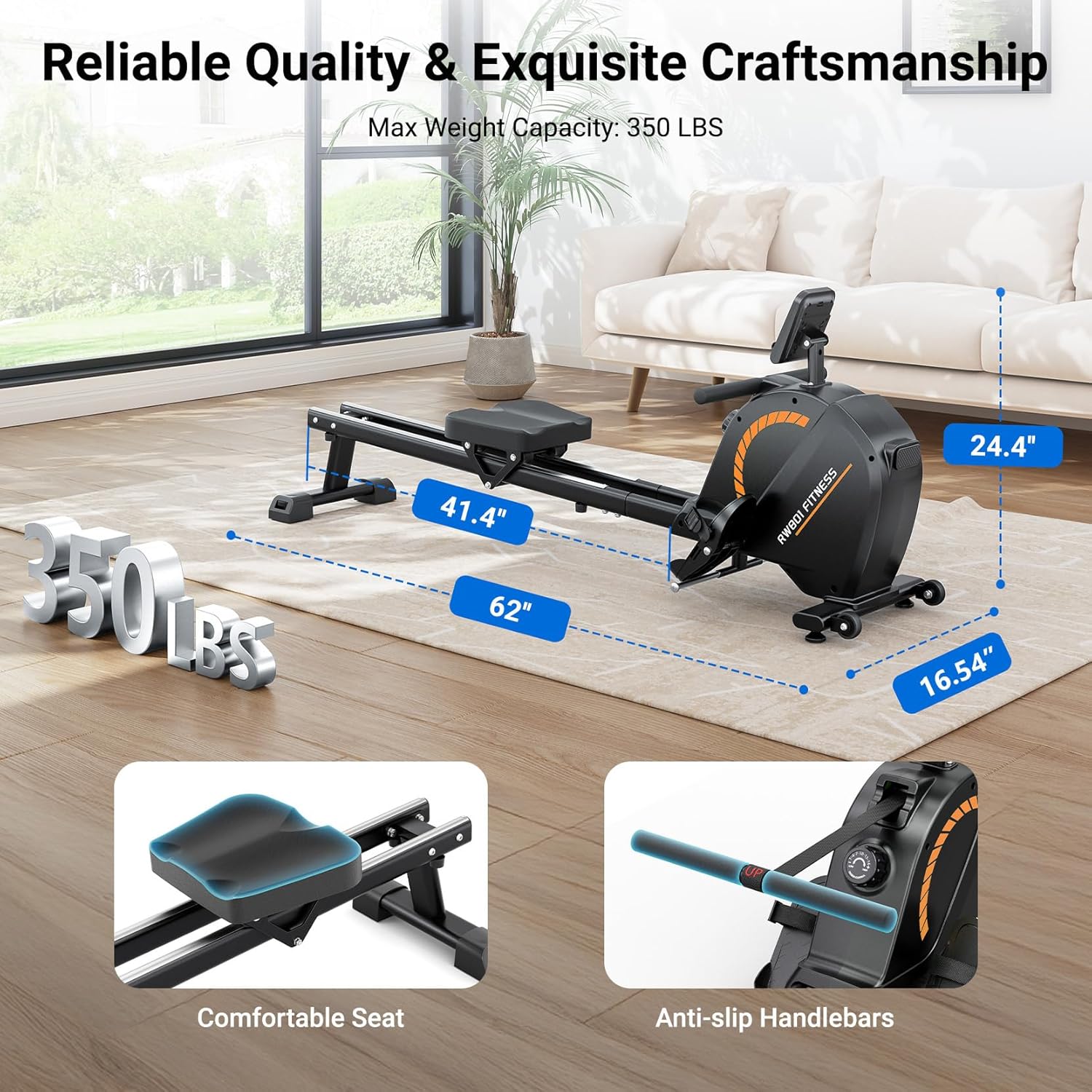 Dripex Rowing Machines for Home Use, Rowing Machine Magnetic Rower, 16 Levels of Workout Resistance, Max 350 LBS, Dual Slide Rail, Bluetooth App Compatible, LCD Monitor, Row Machine for Gym Exercise - Image 6