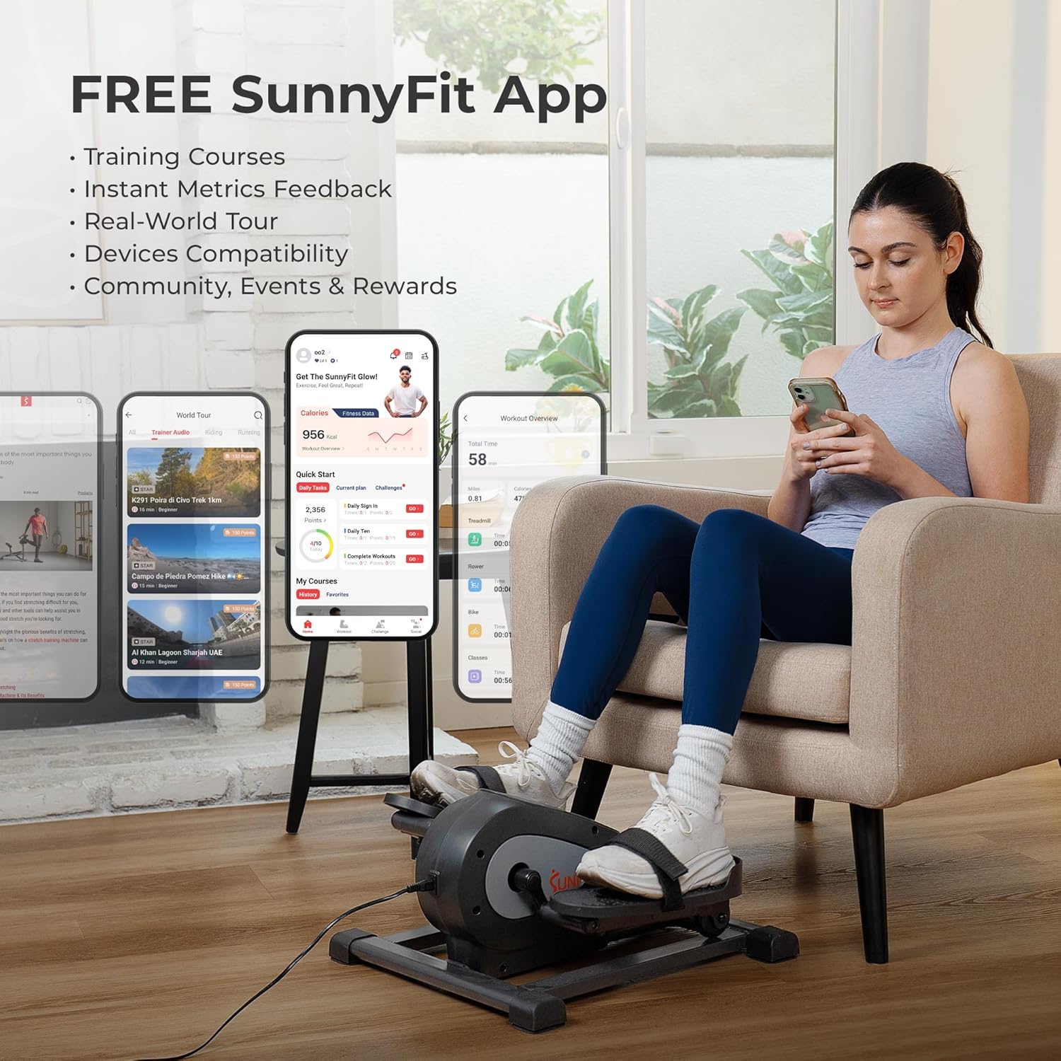 Sunny Health & Fitness Smart Mini Elliptical Trainer, Indoor Under-Desk Pedal Exerciser for Mobility & Cardio Workout, Free SunnyFit App Connection, Optional Motorized w/Remote Control - Image 2