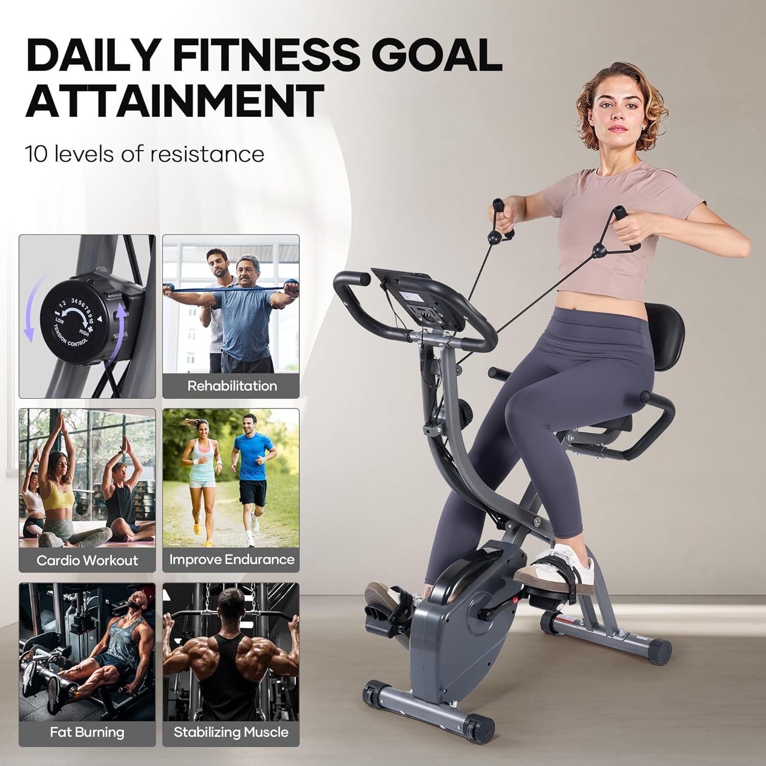 Exercise Bike Stationary Bikes for Home Recumbent Exercise Bike Folding with 10-Level Adjustable Resistance LCD Monitor Pulse Sensor Support Back Pad and Tablet Holder Arm Resistance Band 265LBS Weight Capacity for Home Workout - Image 4