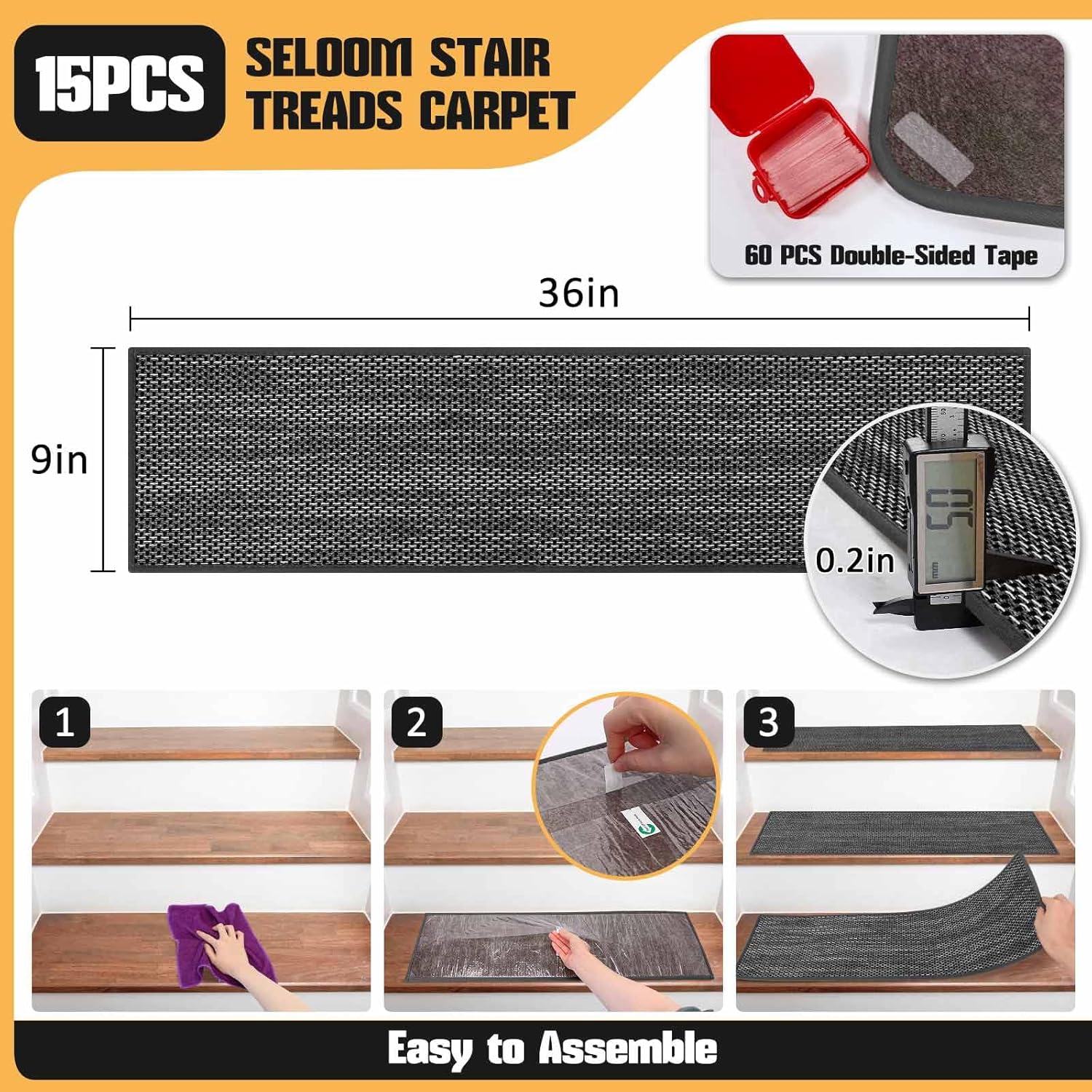 Seloom Linen Non Slip Stair Treads Carpet for Wooden Steps Indoor, Peel and Stick Carpet Stair Tread for Wood Stairs, Machine Washable Stair Runners for Pets, 15 Pack, Black (9" x36") - Image 3