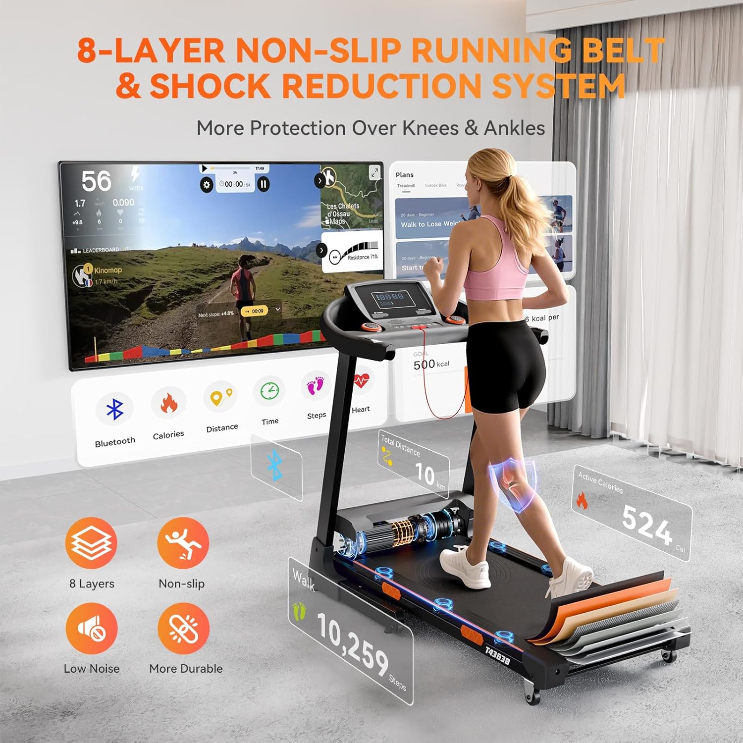8.7MPH Treadmills for Home, 0%-15% Incline Walking Pad Treadmill with Auto-Folding, 3.5HP Wide Running Area Supports Up to 300lbs User Weight, Bluetooth & Pulse Monitor - Image 4
