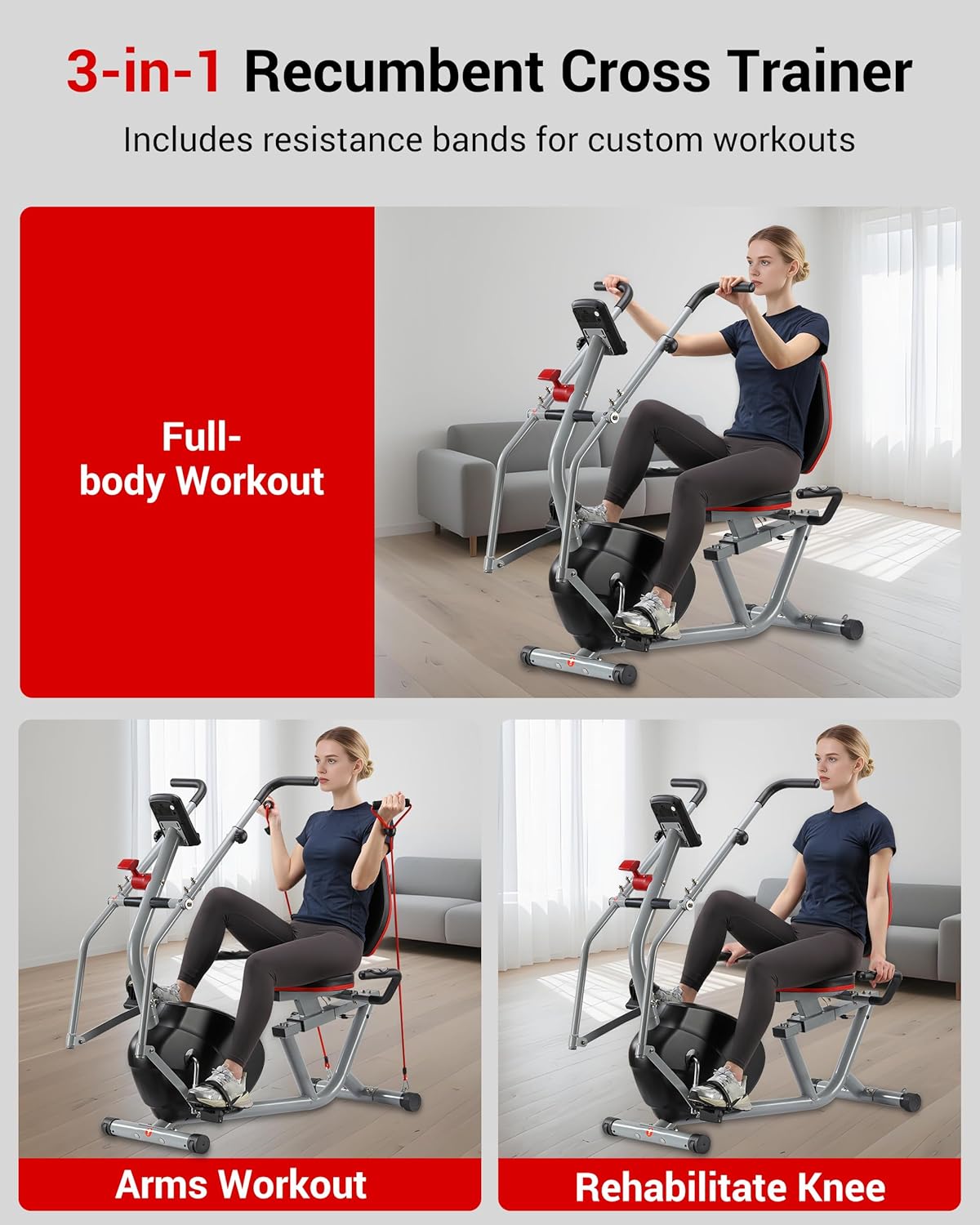 ECHANFIT Recumbent Exercise Bike with Arm Exerciser for Home - Elliptical Recumbent Cross Trainer with Backlit Display, Pulse Sensor, 8-Level Magnetic Resistance, 380LBS Weight Capacity - Image 6