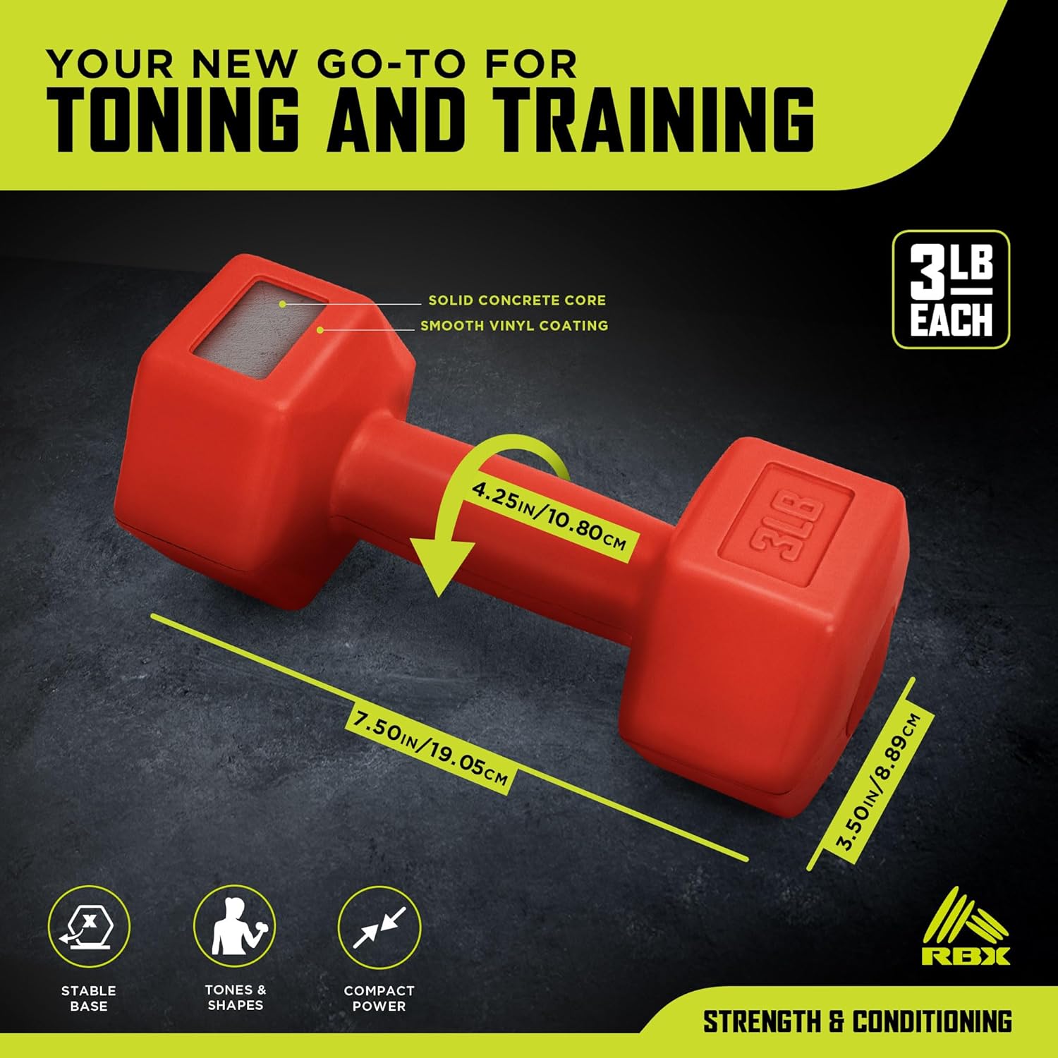 RBX Vinyl Coated Hand Weight Dumbbell Set - Hex Shaped, Roll Free for Body Building/Sculpting/Strength Training Exercise, (Set of 2) - Image 2