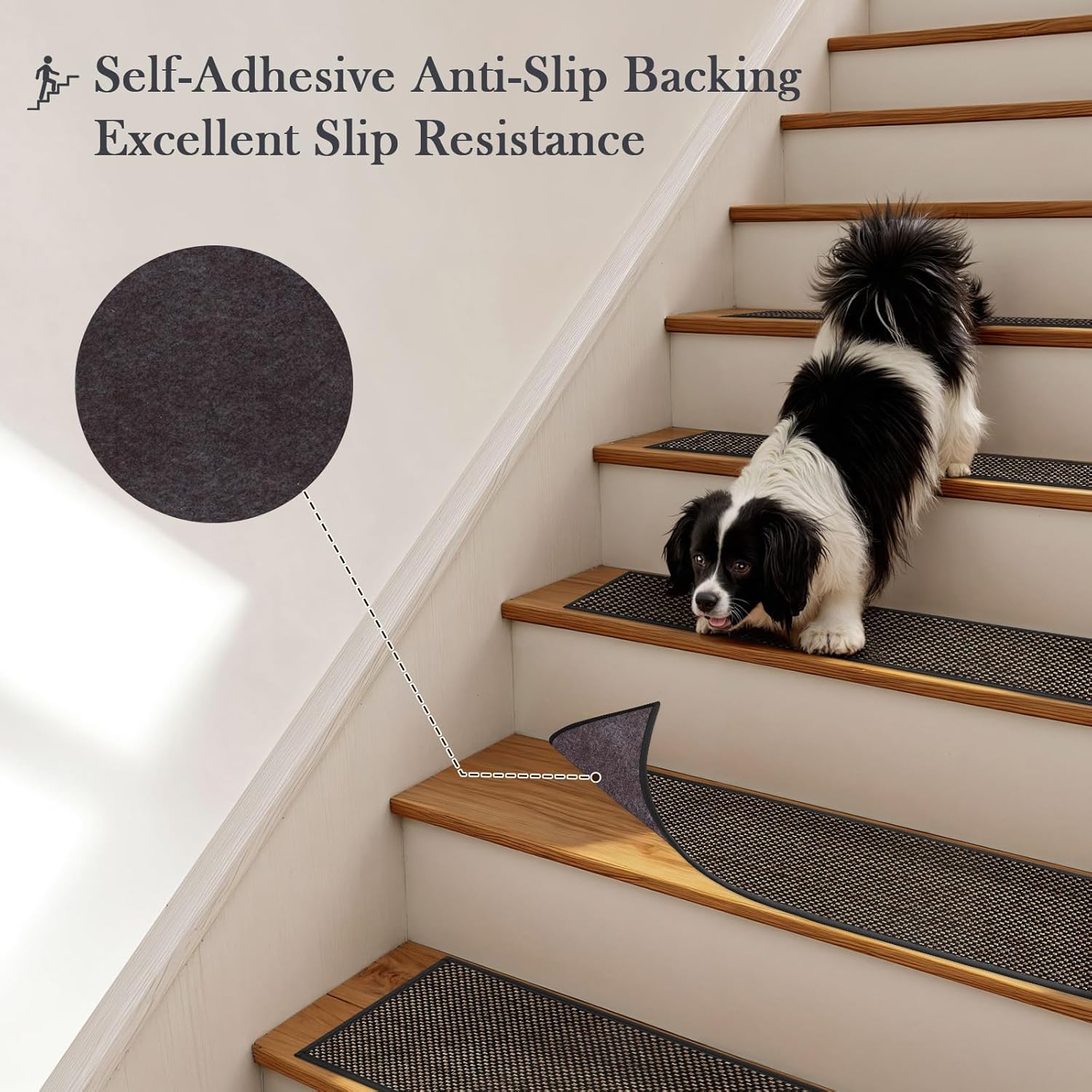 Tiveney Stair Treads Non Slip for Wooden Steps, 15PCS 8"x30" Machine Washable Stair Runner, Self-Adhesive Anti-Slip Backing Carpet for Stairs, Indoor Staircase Step Treads for Kids Elders Dogs, Black - Image 3