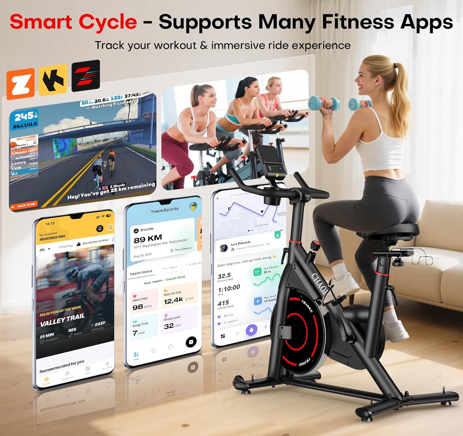 Exercise Bike, CHAOKE Quiet Magnetic Resistance 300LB Capacity Stationary Bike for Home with App Compatible, Indoor Bike with Comfortable Seat and Digital Display - Image 2