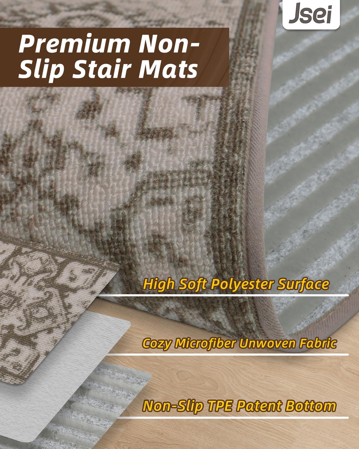 JSEI Stair Treads for Wooden Steps, 15 Pack 8" X 30" Non-Slip Machine Washable Carpet Stair Treads with TPE Backing, Soft Indoor Stair Rug Runner for Kids Elders & Pets, 100% Polyester, Beige/Brown - Image 6