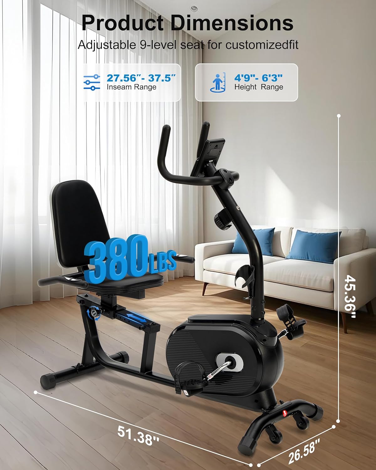 ECHANFIT Recumbent Exercise Bike for Home - 380LBS Weight Capacity, Exercise Bike with Smart Workout APP, 16-Level Magnetic Resistance, Backlit Display, Comfortable Seat - Image 5