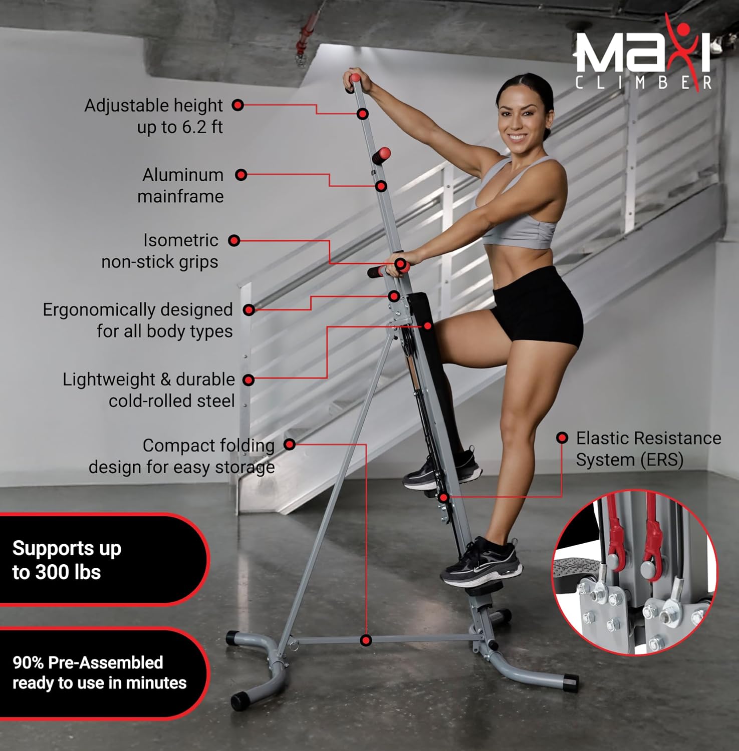 MaxiClimber 2.0 Vertical Climber ERS (Elastic Resistance System) - Easy to Assemble, Folding Exercise Machine Combines Cardio & Strength Training for a Low Impact, Full Body Workout - Free Fitness App - Image 4