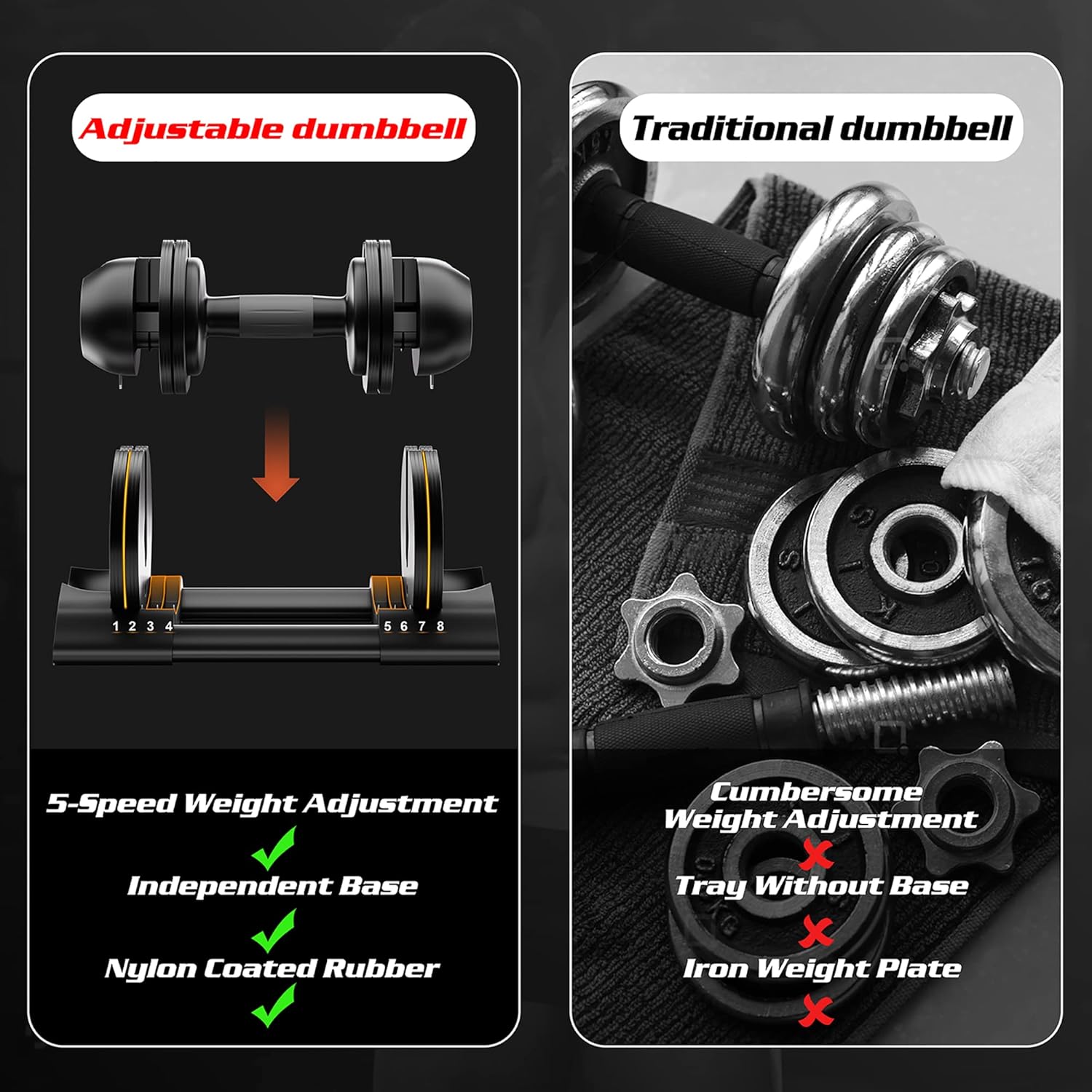 Adjustable Dumbbell,22LBS 44LBS 52LBS Dumbbell Set with Tray for Fitness, Fast Adjust Weight by Turning Anti-Slip Handle, Safety with 8 Lock Slots, Suitable for Men and Women - Image 5