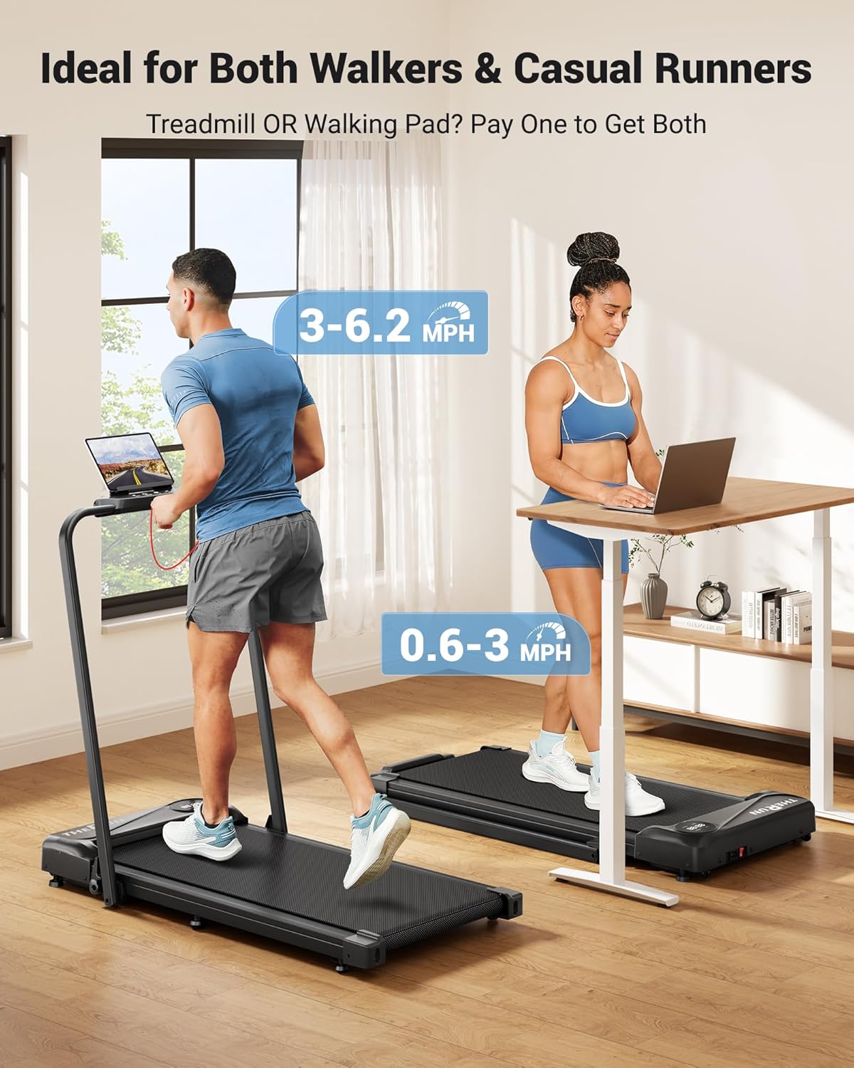 THERUN Walking Pad, 2 in 1 Foldable Treadmills for Home, 2.5HP Under Desk with Handle Bar, 16" Widened Running Belt, with Remote Control - Image 2