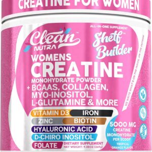 Creatine for Women | Creatine Monohydrate + BCAA Powder Myo-Inositol Collagen Biotin Hyaluronic Acid Folate L Glutamine Vitamin D3 Iron Zinc D-Chiro-Maca Digestion Shelf Builder by Clean Nutra