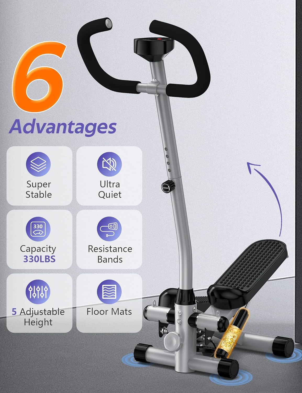 Amicus Mini Stepper with Handlebar for Exercise, Stair Stepper with Resistance Band, Hydraulic Fitness Stepper Machine for Home, 330lbs Weight Capacity - Image 3