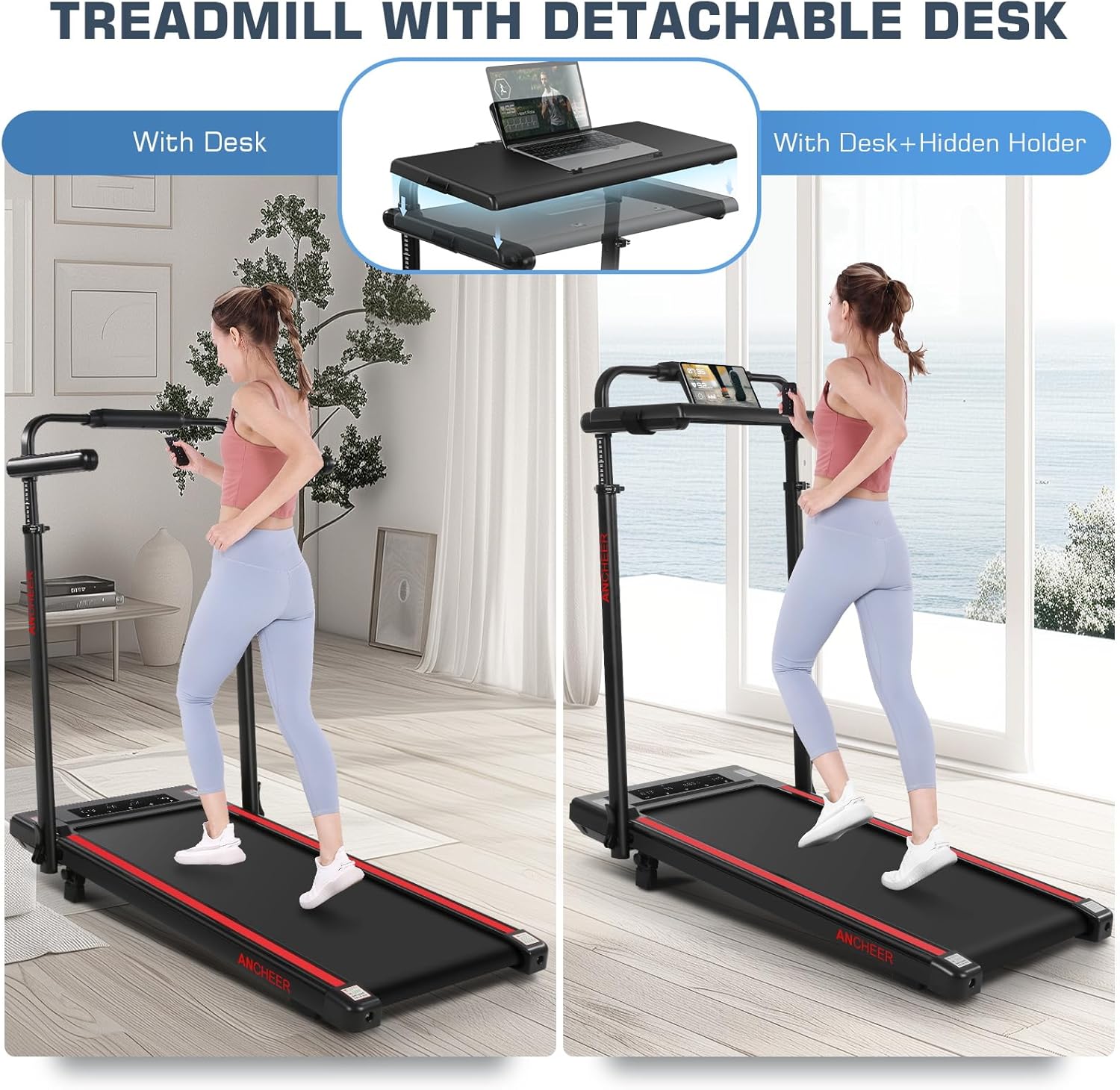 ANCHEER Walking Pad Treadmill with 12% Incline&Adjustable Height, 4 in 1 Under Desk Treadmills with Desk Workstation, Foldable Treadmill for Home 300lb,3 Type Control - Image 3