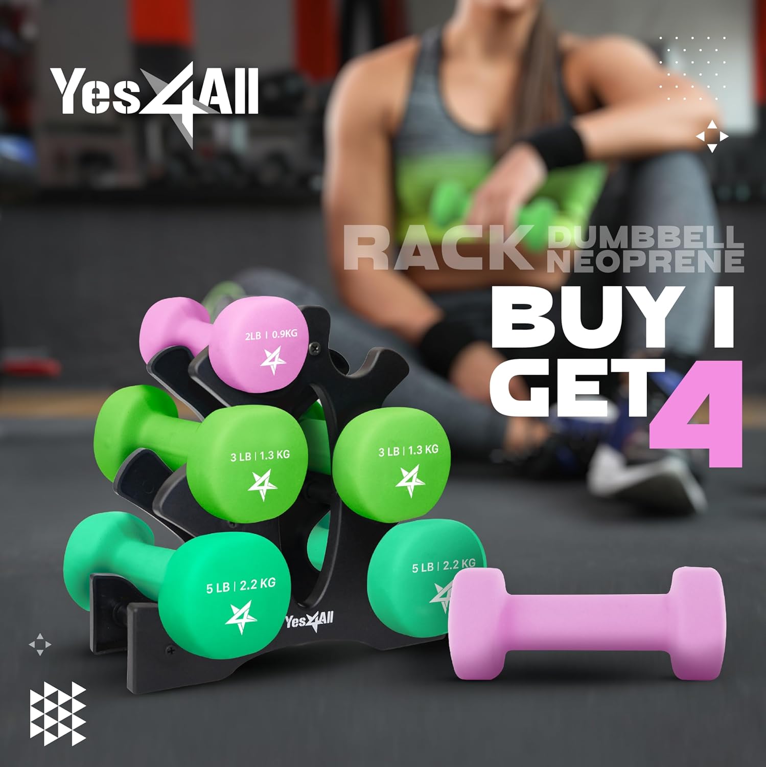 Yes4All Neoprene Coated Dumbbell Hand Weight Sets - Multiple Weight Options with Rack, Anti-roll, Anti-Slip, Hexagon Shape - Image 6