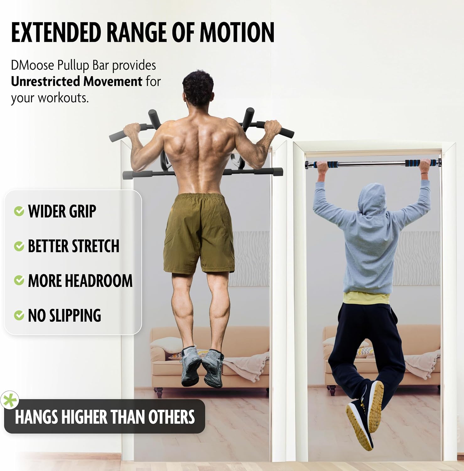 DMoose Fitness Pull Up Bar for Doorway - Upto 250 Lbs Capacity, No Screwing or Slipping, Hanging Pullup & Chin Up Bar for Door Frame - Multi Padded Grips for Strength Training with Installation Guide - Image 2