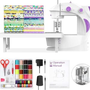 KPCB Tech Sewing Machine for Beginners [Full Set] with Finger Guard and Fabric Bundles – Mini Sewing Machine with Sewing Kits, Foot Pedal, US Adapter and Extension Table