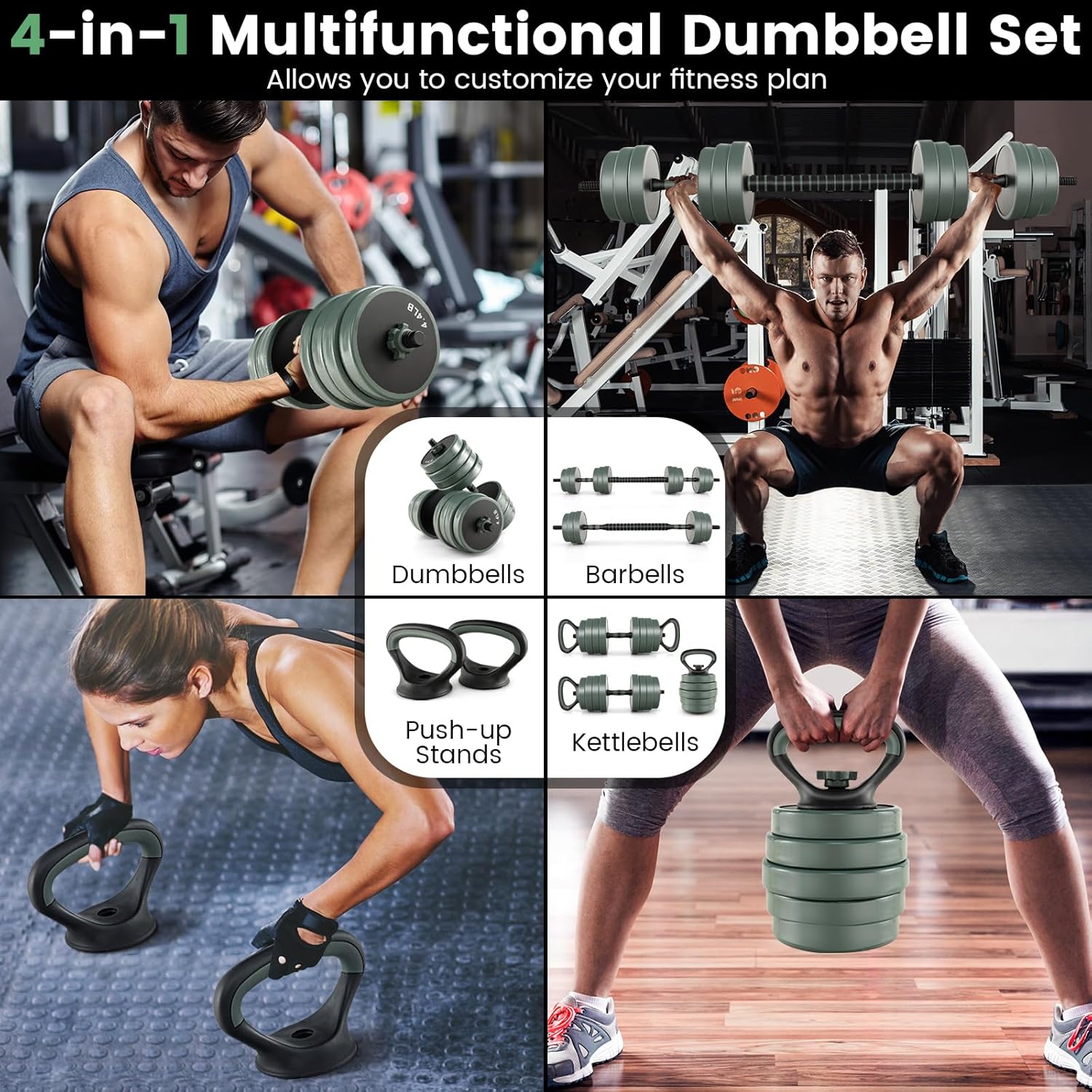 GYMAX Adjustable Dumbbell Set, 4 in 1 Free Weight Set with Connector, 92/47 LBS Used As Dumbbells, Barbells, Kettlebells, Push up Stands, Weight Lifting Training Equipment for Home Gym Workout Exercise - Image 4