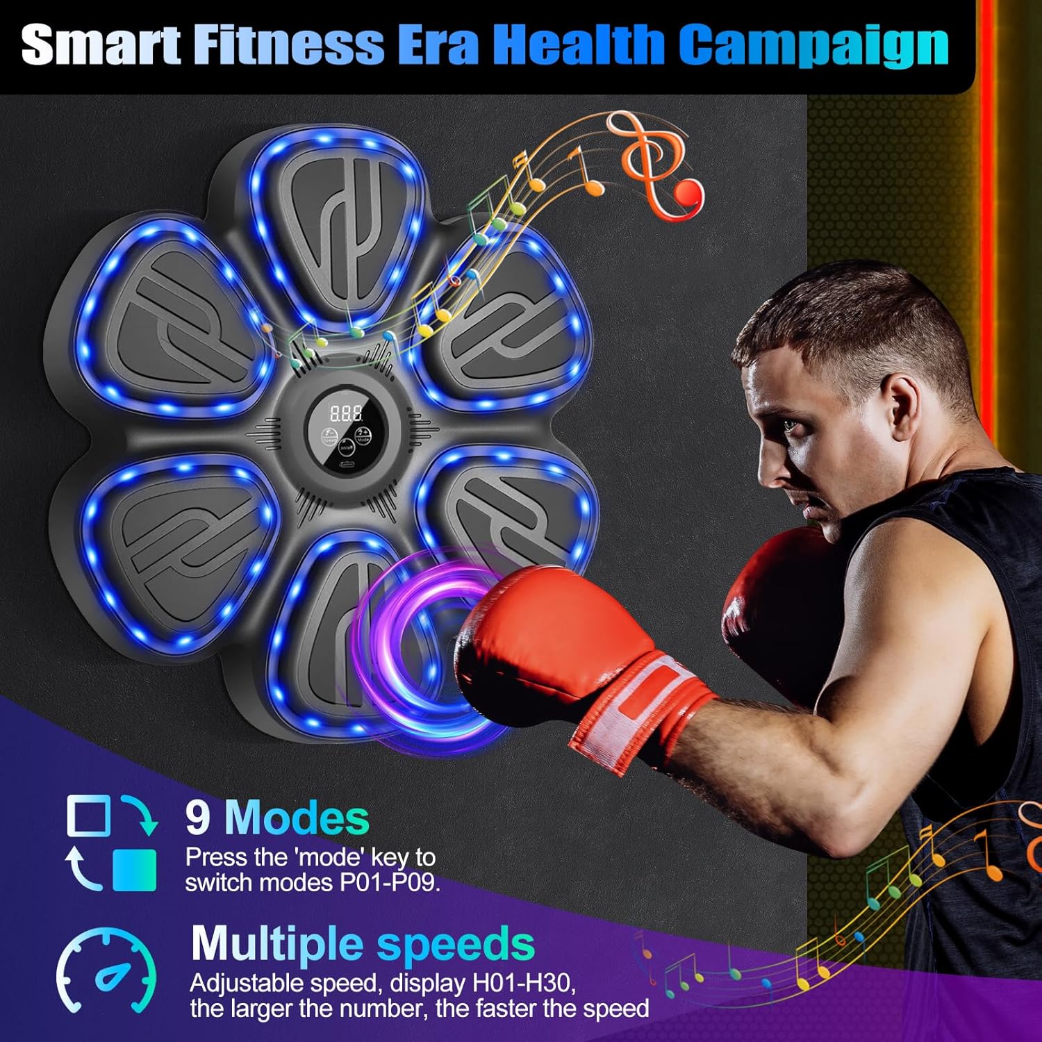 Music Boxing Machine Wall Mounted Training Punching Machine for Adults & Kids Smart Interactive Boxing Machine with LED Lights & Bluetooth - Image 2