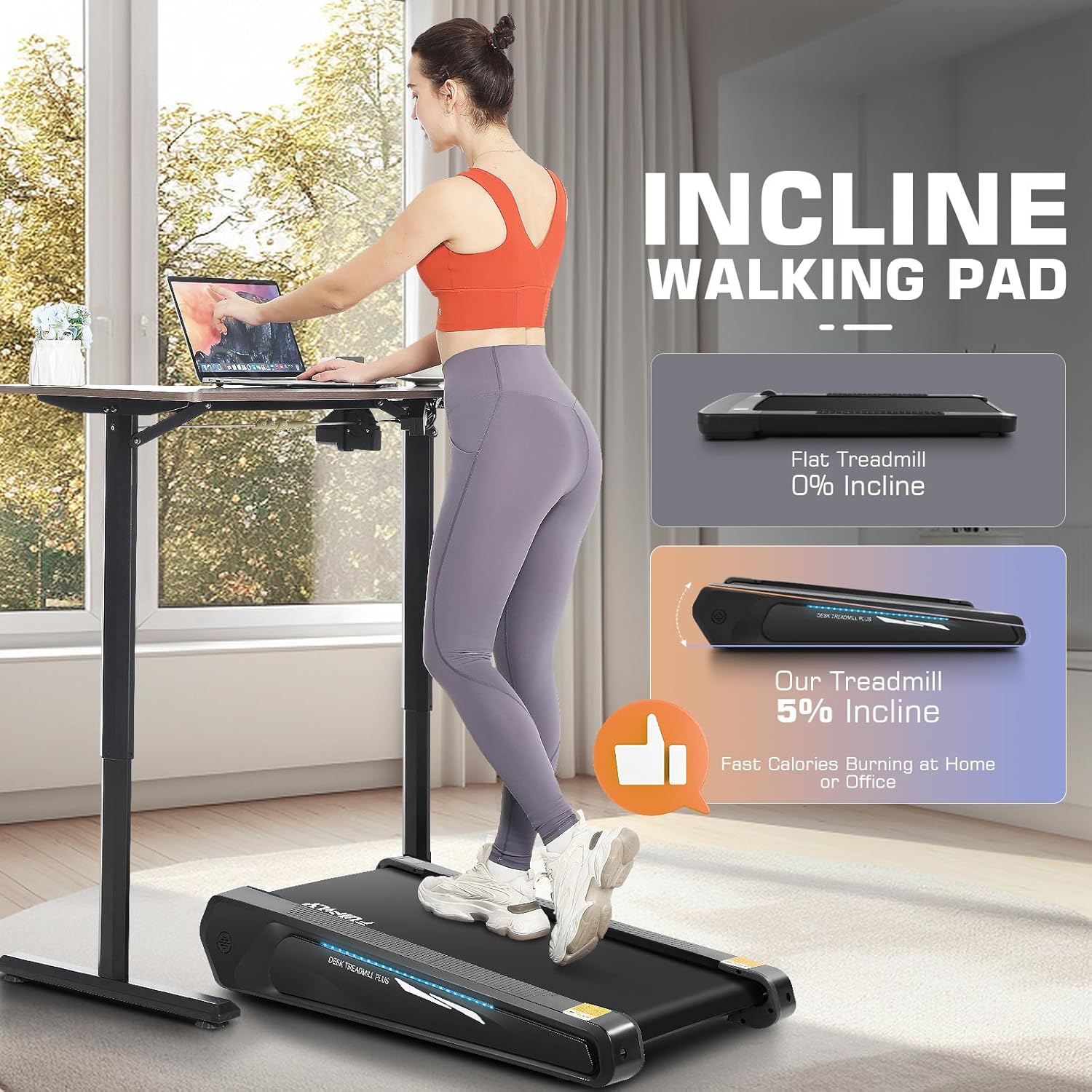 FUNMILY Walking Pad Treadmill with 5% Incline, 2.5HP Smallest Under Desk Treadmill for Home Office, Compact Walking Treadmill 300lbs Weight Capacity/Remote Control/Lighting Design - Image 2