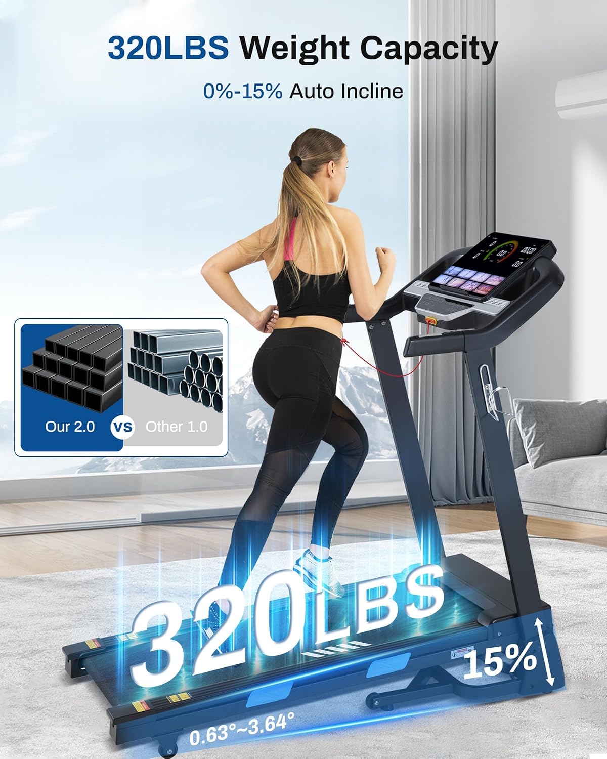 Auto Incline Treadmill - 300+ LBS Capacity 3.5HP Folding Treadmills with 15% Auto Incline, Running Machine for Home, 10 MPH Speed, 36 Preset Programs, Upgrade LCD Panel, Bluetooth App - Image 3