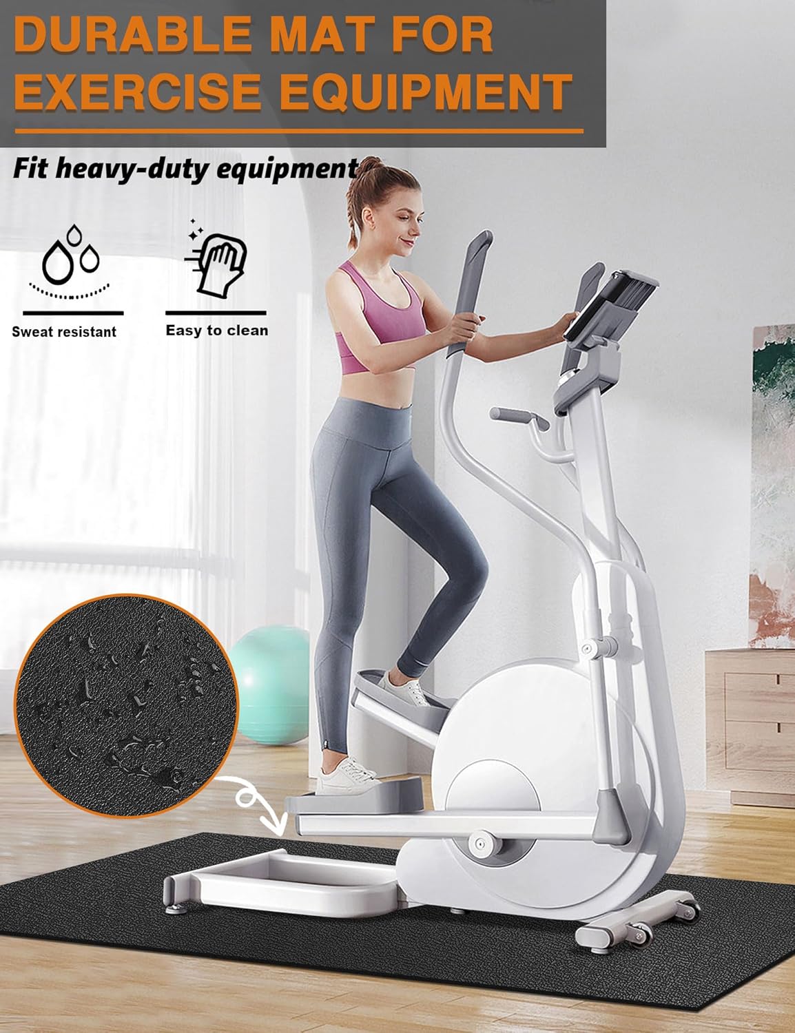 Treadmill Mat, 5'x2.5'/5.6'x2'/6.5'x3'/8'x3',6mm Thickness Exercise Equipment Mat for Carpet Hardwood Floors, Compatible with Walking Pad,Spin Bike,Elliptical Trainer,Rowing Machine - Image 3