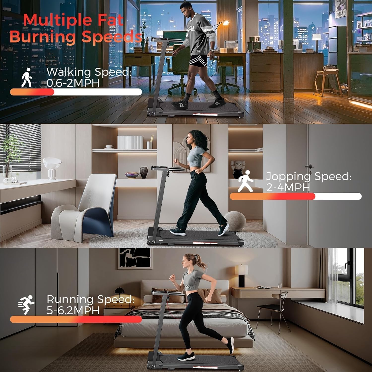 Treadmill with Handles, Portable Small Treadmills for Home and Office, 3.0HP Folding Walking Pad with 300 lbs Capacity, Cup Holder, LED Display and 12 Preset Programs - Image 3