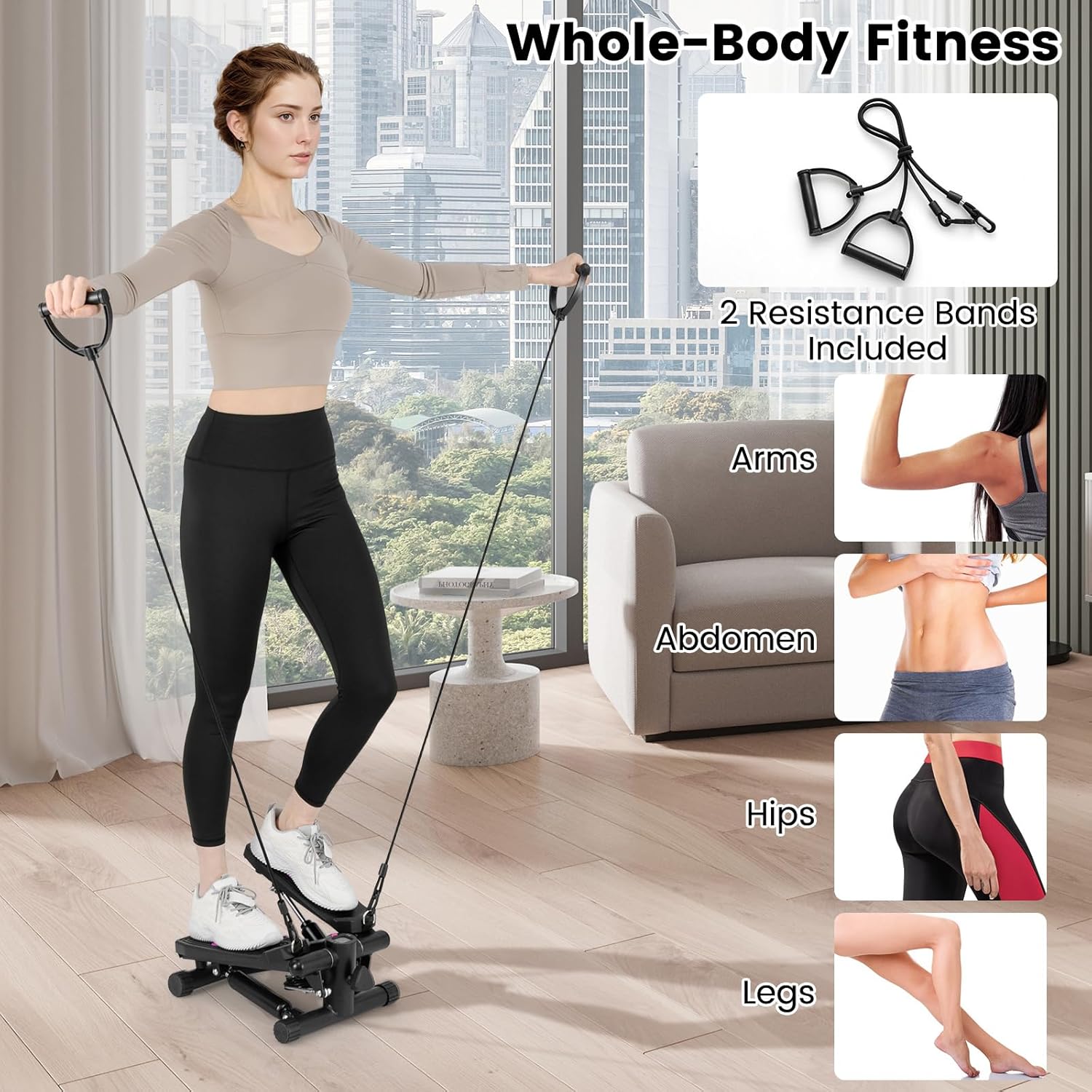 GYMAX Steppers for Exercise at Home, Hydraulic Mini Stair Stepper with Resistance Bands & LCD Monitor, Portable Under Desk Cardio Equipment Step Machine for Home Gym - Image 2