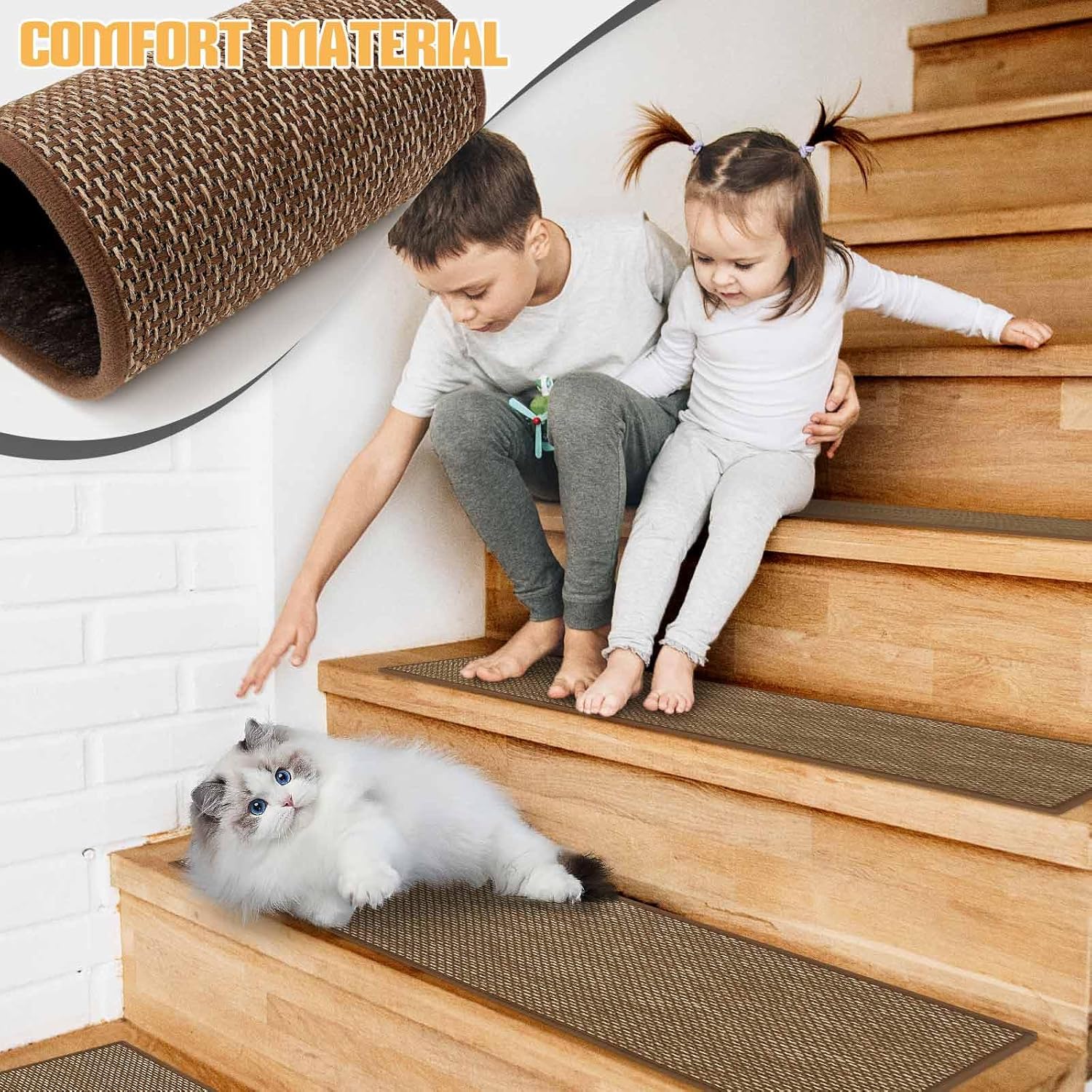 Seloom Linen Non-Slip Stair Treads Carpet for Wooden Steps Indoor, Peel and Stick for Wood Stairs, Machine Washable Runners for Pets, 15 Pack, Coffee (9" x36") - Image 6