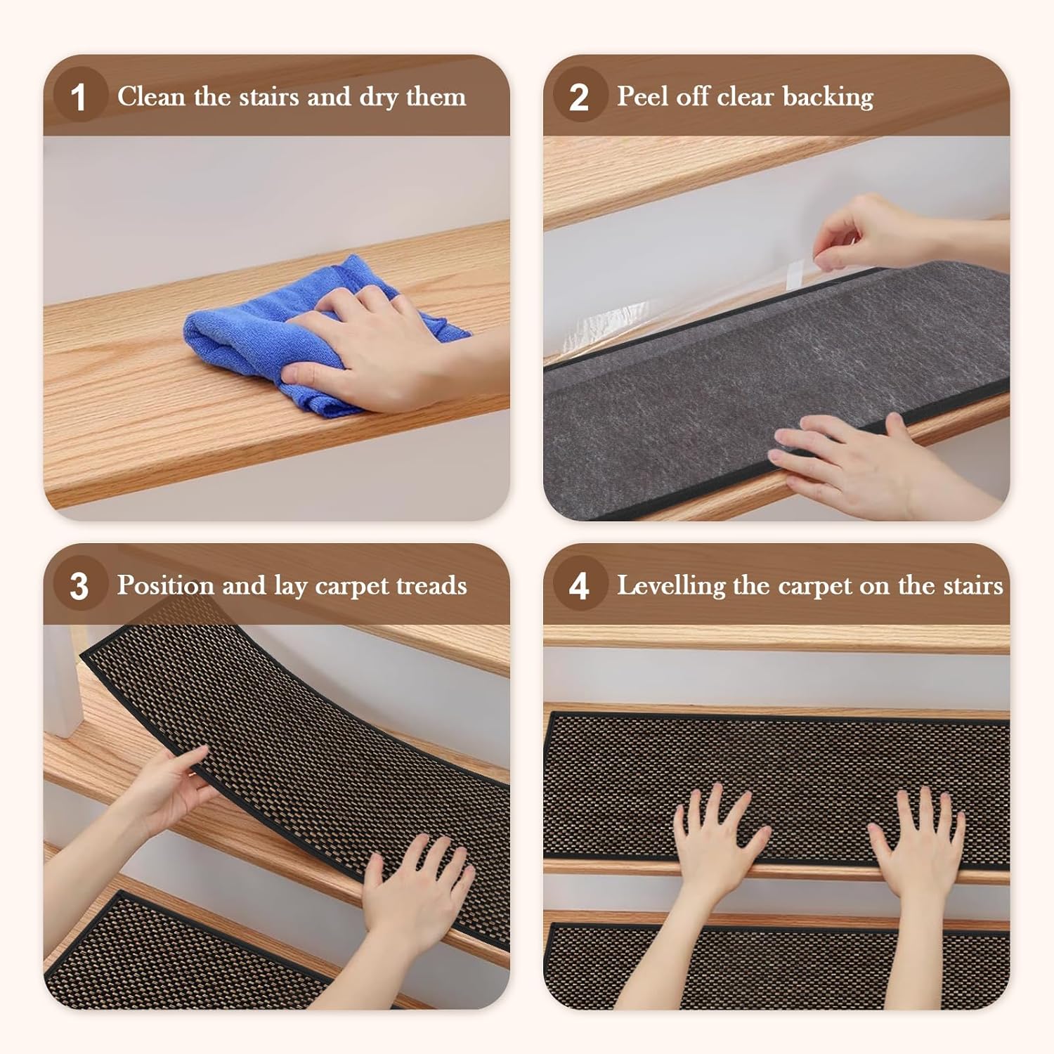 Tiveney Stair Treads Non Slip for Wooden Steps, 15PCS 8"x30" Machine Washable Stair Runner, Self-Adhesive Anti-Slip Backing Carpet for Stairs, Indoor Staircase Step Treads for Kids Elders Dogs, Black - Image 4