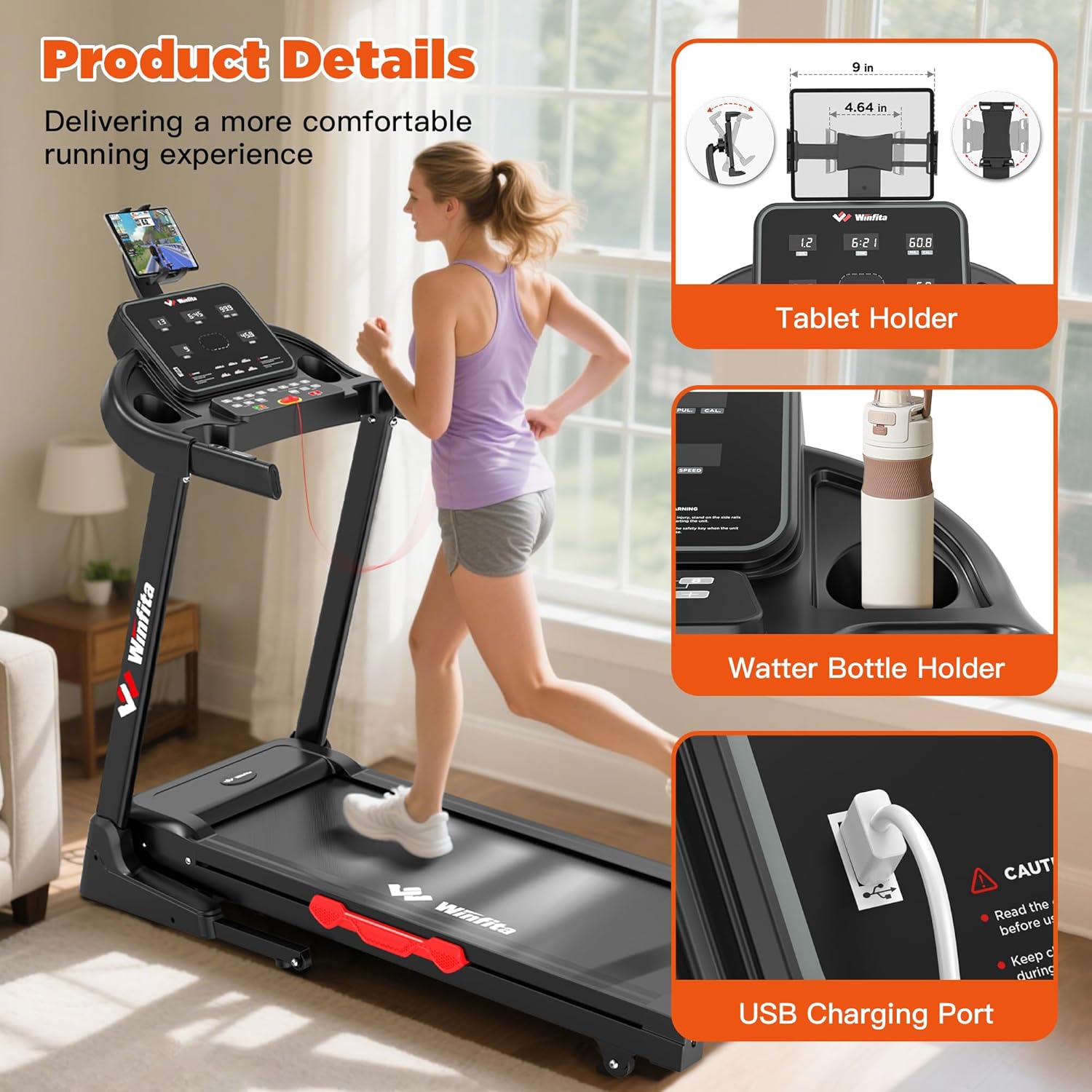 3.5HP Folding Treadmills for Home with Incline Optional, 300 lbs Capacity, 8.0MPH Speed, 17'' Wide Belt, App, Bluetooth Connection, 64 Programs, USB Charging Port, BMI Detector for Home Use - Image 7