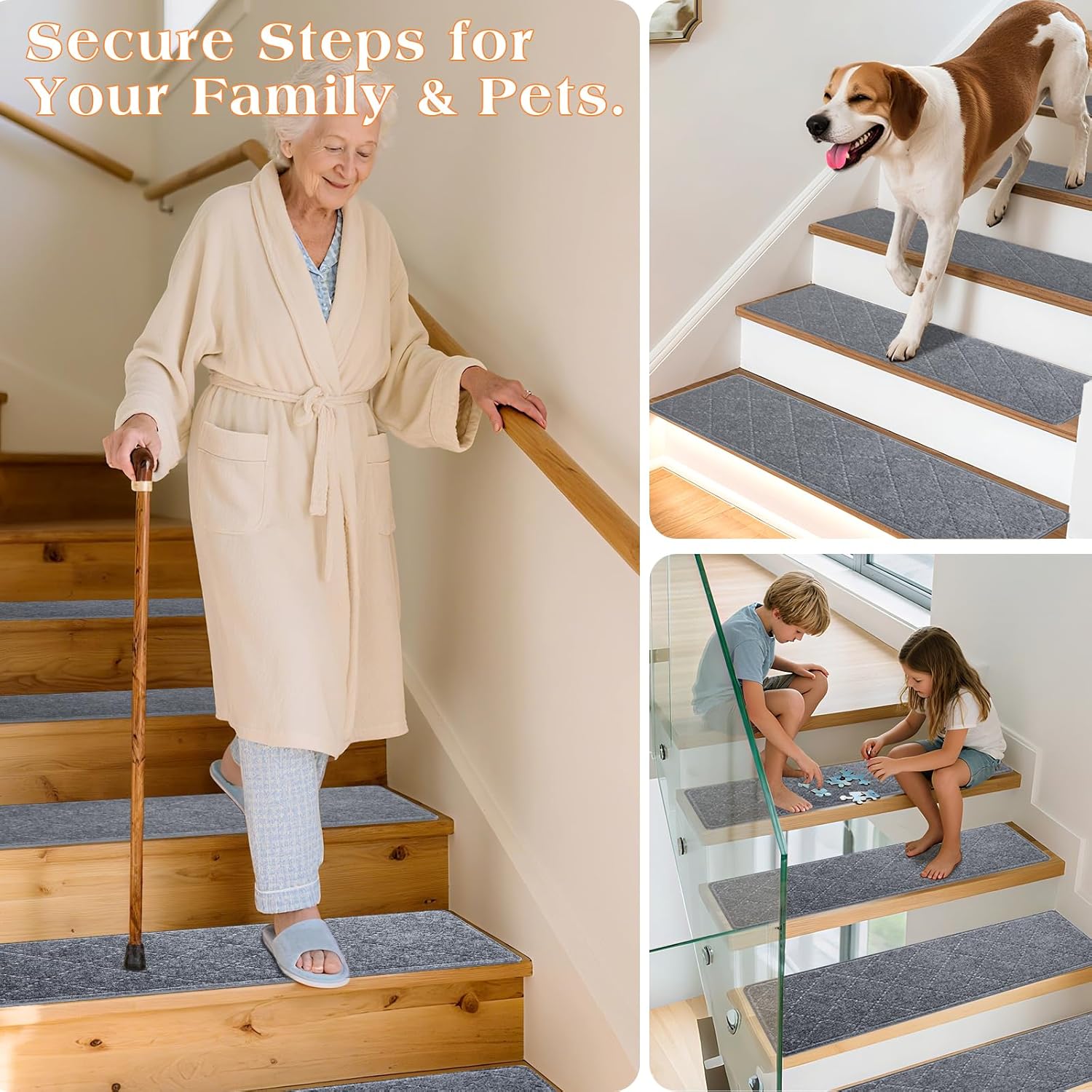 Stair Treads for Wooden Steps 15 PCS - 8’’ x 30’’, Non Slip Stair Runner, Machine Washable Stair Rugs Strips for Kids Pets and Elderly, Indoor Carpet for Stairs (Grey) - Image 7