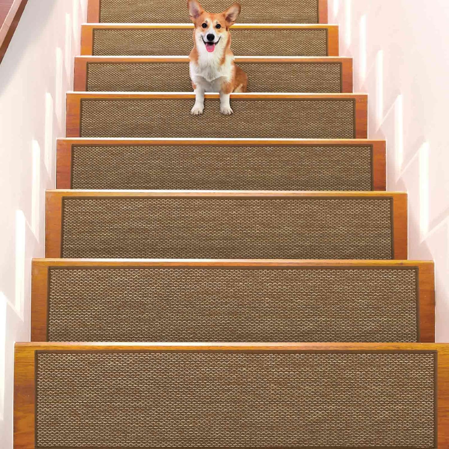 Seloom Linen Non-Slip Stair Treads Carpet for Wooden Steps Indoor, Peel and Stick for Wood Stairs, Machine Washable Runners for Pets, 15 Pack, Coffee (9" x36")