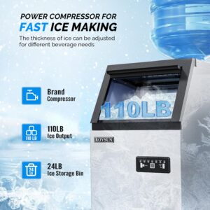 ROVSUN Commercial Ice Maker Machine 110LBS/24H with 2 Water Inlets, Freestanding Ice Machine with 24lbs Storage Bin, Ice Scoop & Water Filter for Home Office Restaurant Bar Cafe