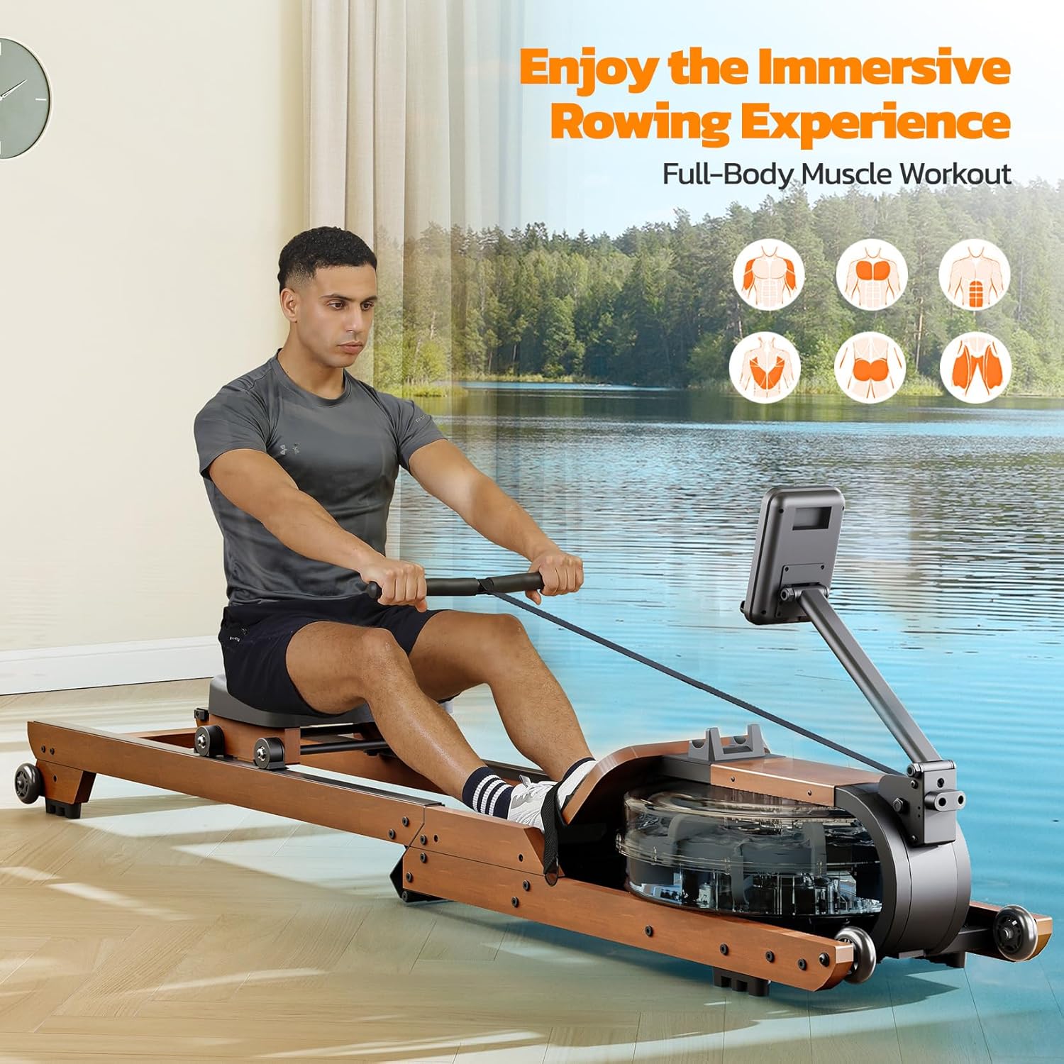 Dripex Rowing Machines for Home Foldable, Water Rowing Machine Max 350 LBS, Water Rower with Smooth Slide Rail, Comfortable Seat, Bluetooth App Supported, LCD Monitor, Wooden Row Machine for Home Gym - Image 2
