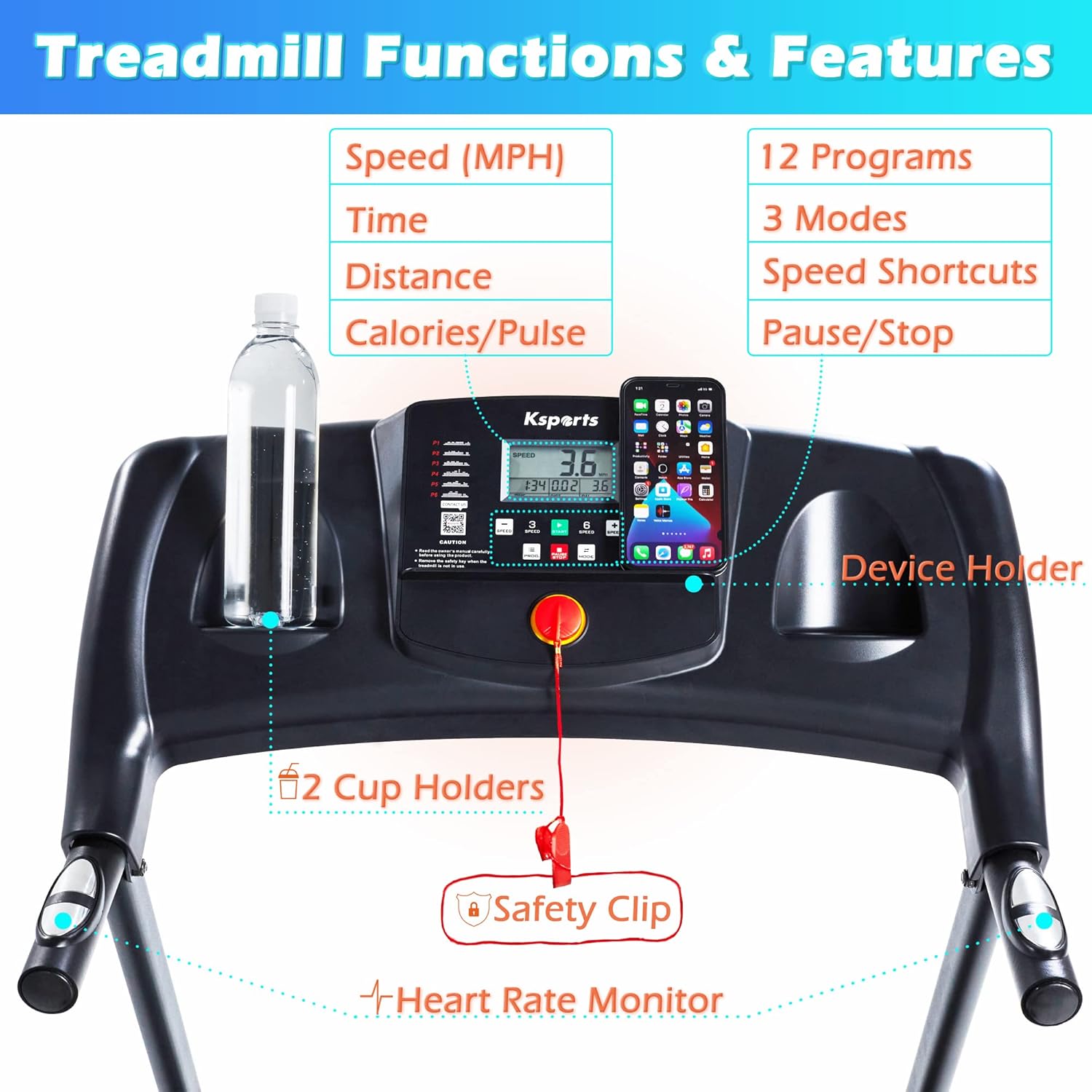 Ksports Foldable 16.5 Inch Cardio Fitness Portable Treadmill with Bluetooth Connectivity, LCD Display, and Tracking Apps for Home Gym Equipment, Black - Image 3
