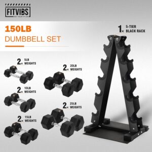Rubber Coated Hex Dumbbell Weight Set and Storage Rack, 100LB Set or 150LB Set, 5-20 lbs Pairs or 5-25 lbs Pairs