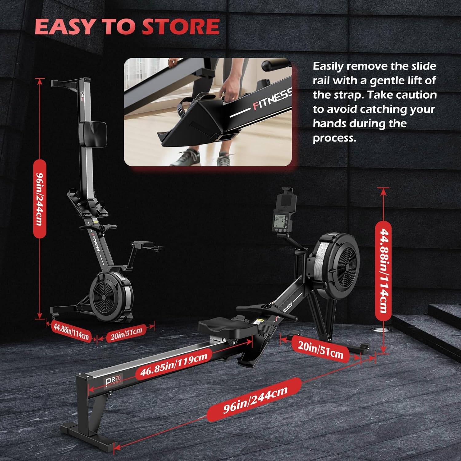 PASYOU Air Rowing Machine for Home 10-Level Resistance 350lb Load Rower Machine Foldable Commercial Row Machines with 47in Rail and Bluetooth Backlit Monitor, Adjustable Device Holder PR70 - Image 7