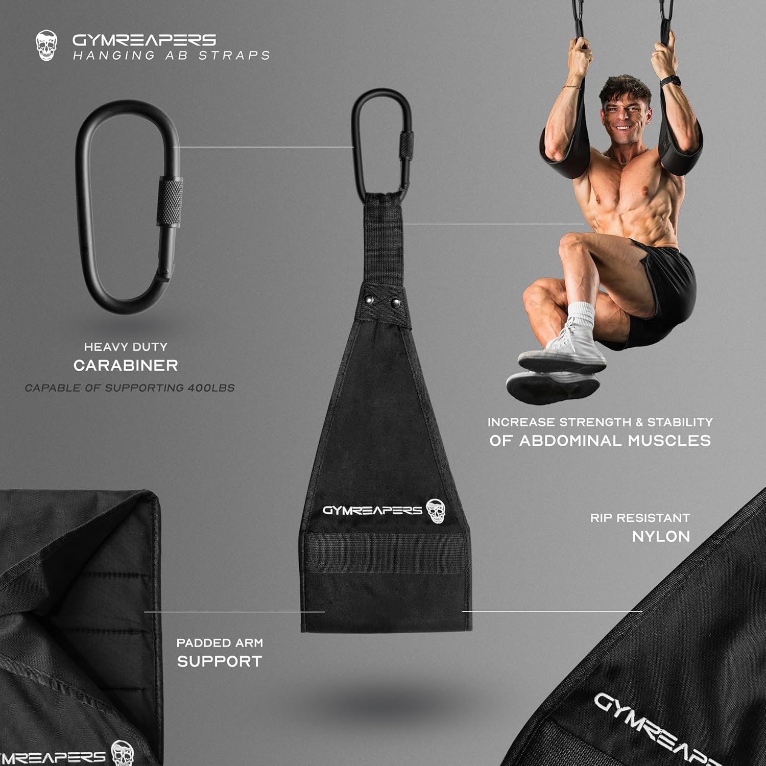 Gymreapers Hanging Ab Straps for Pull-Up Bar — Hang Bar Assist Strap & Strength Workout Exercise Equipment, Padded Adjustable Arm Supports with 2 Steel Carabiners for Leg Raises, Abdominal & Core Training - Image 3