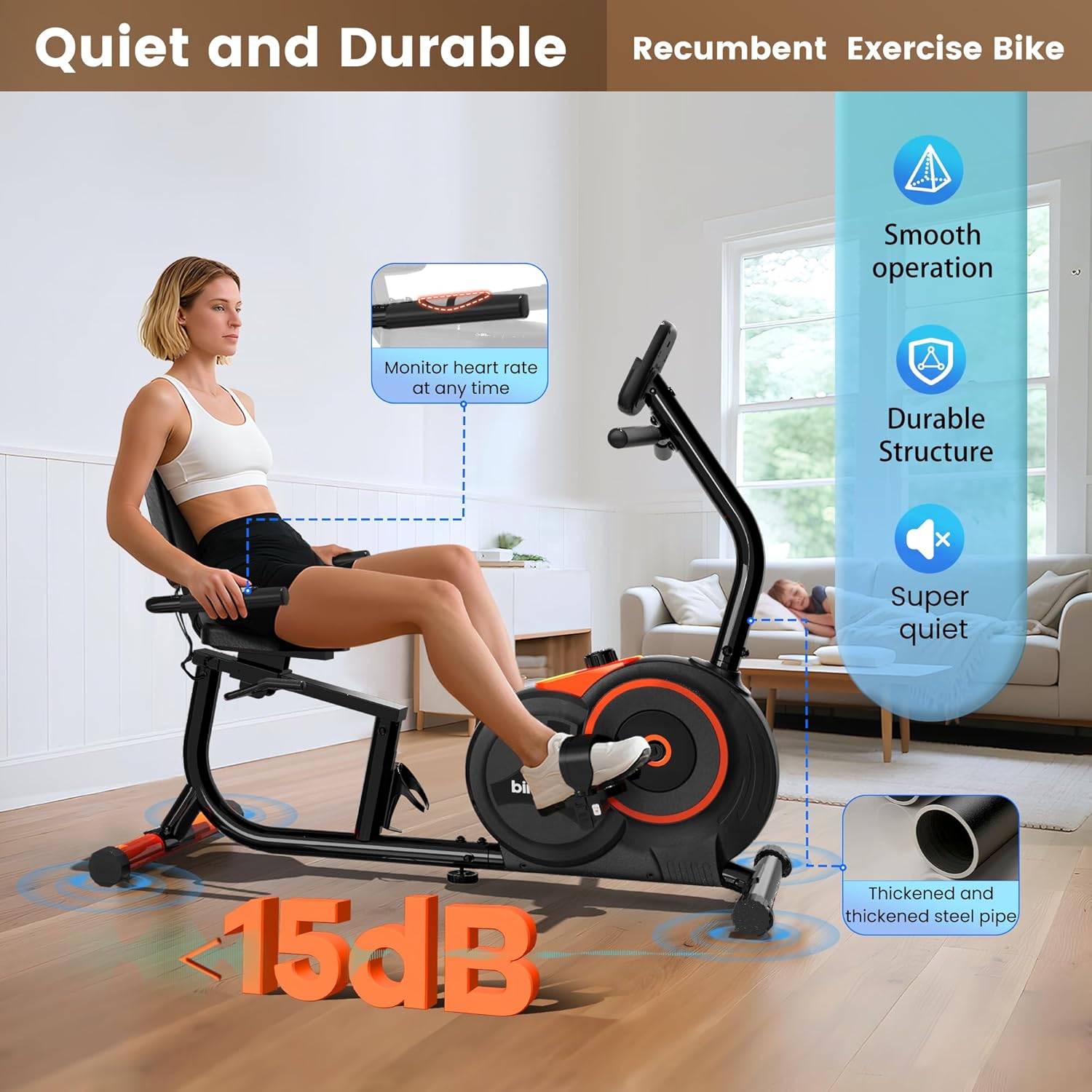 Recumbent Exercise Bike for Home,Recumbent Stationary Bikes for Adults & Seniors,Load Capacity of 400 pounds,Equipped with 16 Adjustable Gears, and Soft Adjustable Seats - Image 3