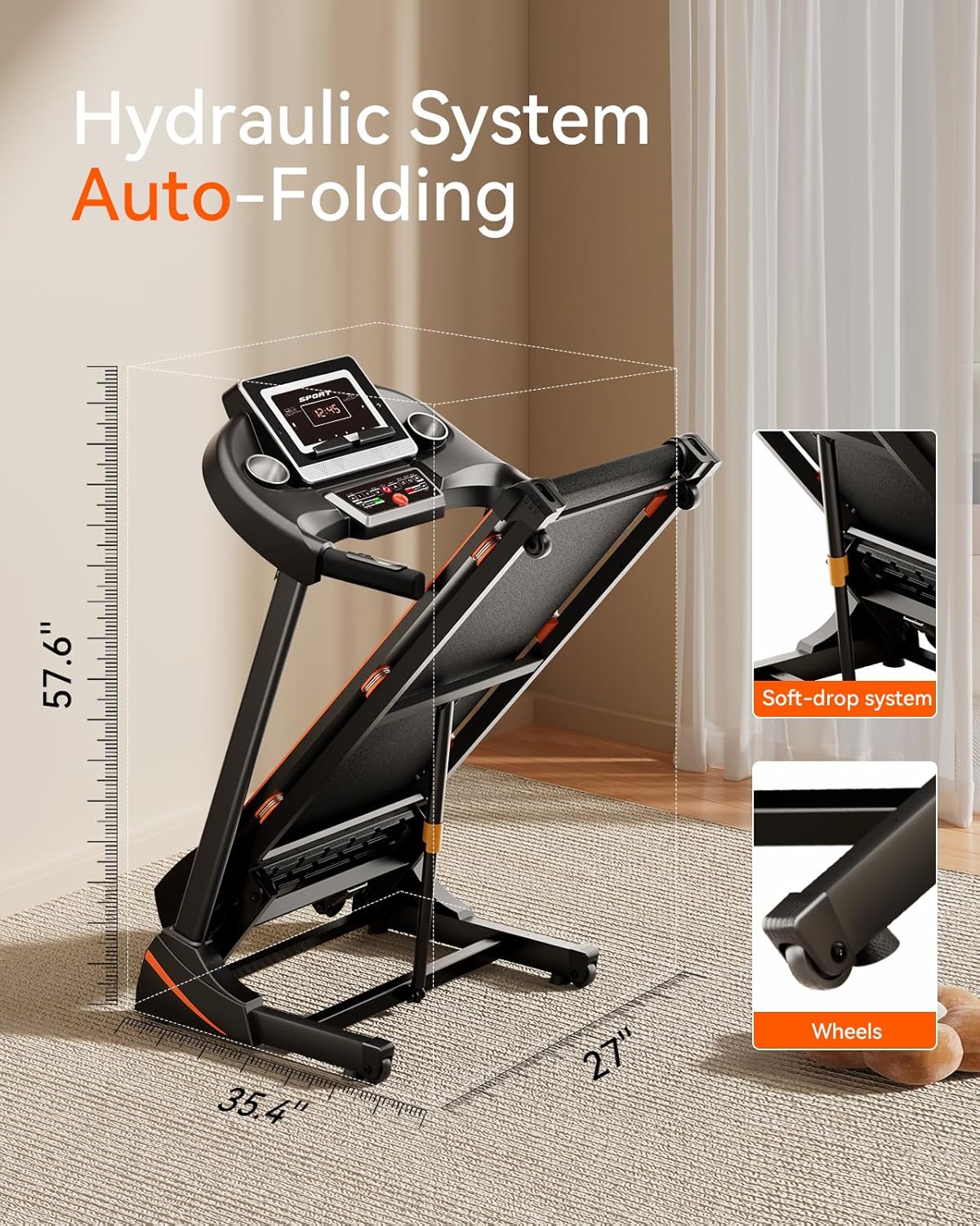 Treadmills for Home, Treadmill with 0-15% Auto Incline, 3HP Folding Treadmills for Running Walking with 300LBS Weight Capacity, Incline Treadmill Equipped with Bluetooth & Pulse Monitor - Image 6