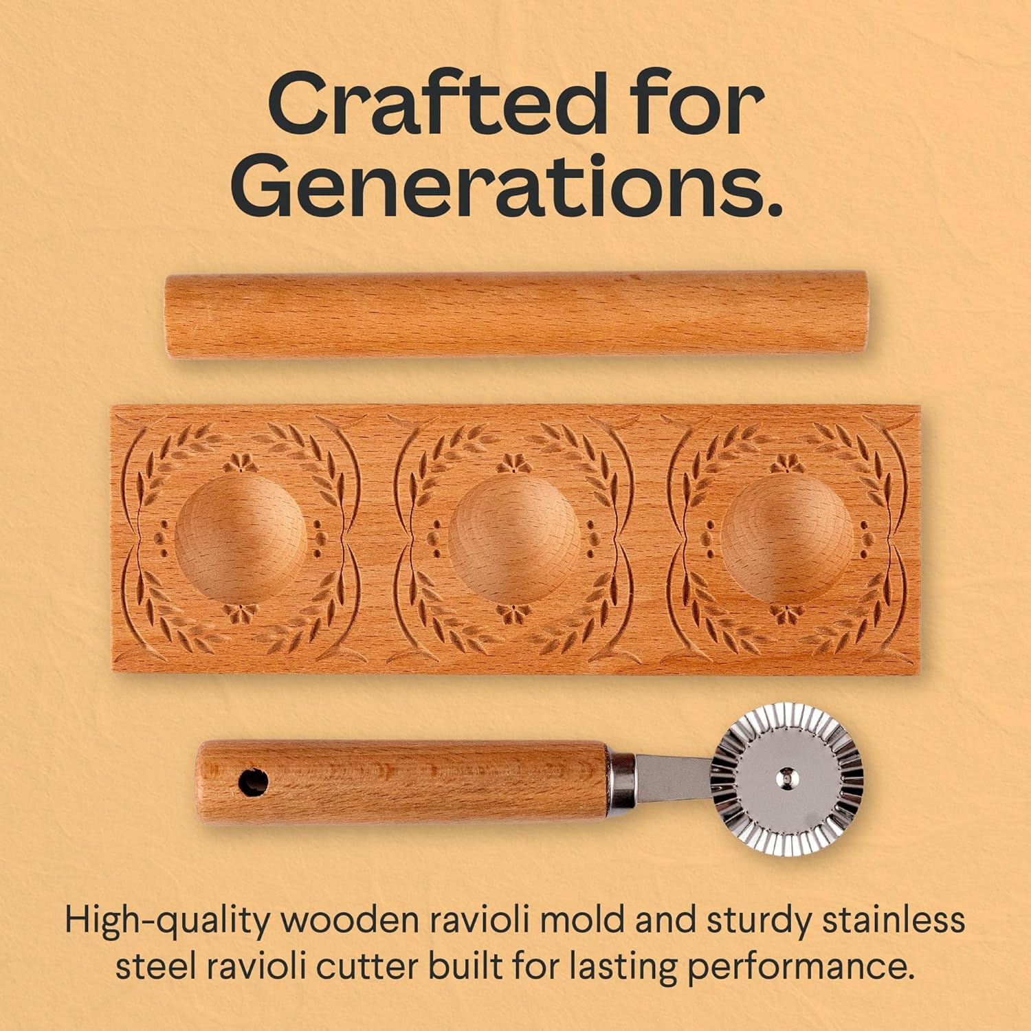 Cooking Gift Set Co. Artisanal Ravioli Maker Press, Wooden Ravioli Mold & Pasta Maker, Ravioli Press, Pasta Cutter Wheel, Ravioli Maker Tool, Guide Pasta Making Tools Set for Homemade Pasta (3 Piece) - Image 5