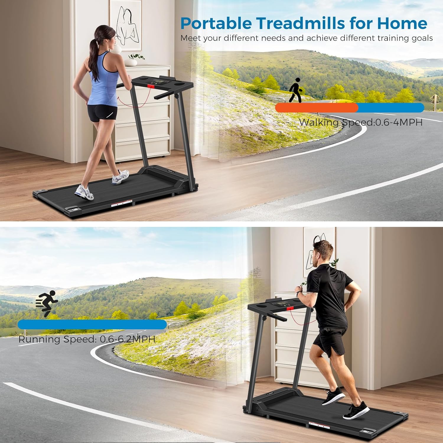 Treadmill with Handles, 2025 Upgraded Small Treadmills Home, Portable Electric Treadmills for Home 300 lbs Capacity,Walking Pad Treadmill,Lightweight Folding Foldable Walking Pad with LED Display - Image 6