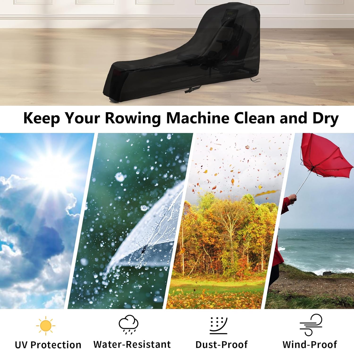 Rowing Machine Cover Concept 2 Rower Accessories Waterproof Dustproof Fitness Equipment Cover Fit for Concept 2 Rowing Machine 95" L x 24" W x 40" H Black - Image 6
