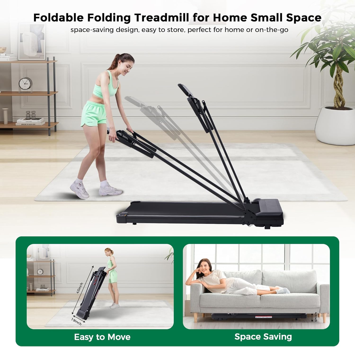 Walking Pad with Handle Bar, Folding Treadmill with Handles for Home Small Spaces, Compact Walking Pad Treadmill with Handle, 3.5HP Electric Portable Treadmills for Home, 400LBS Capacity - Image 6
