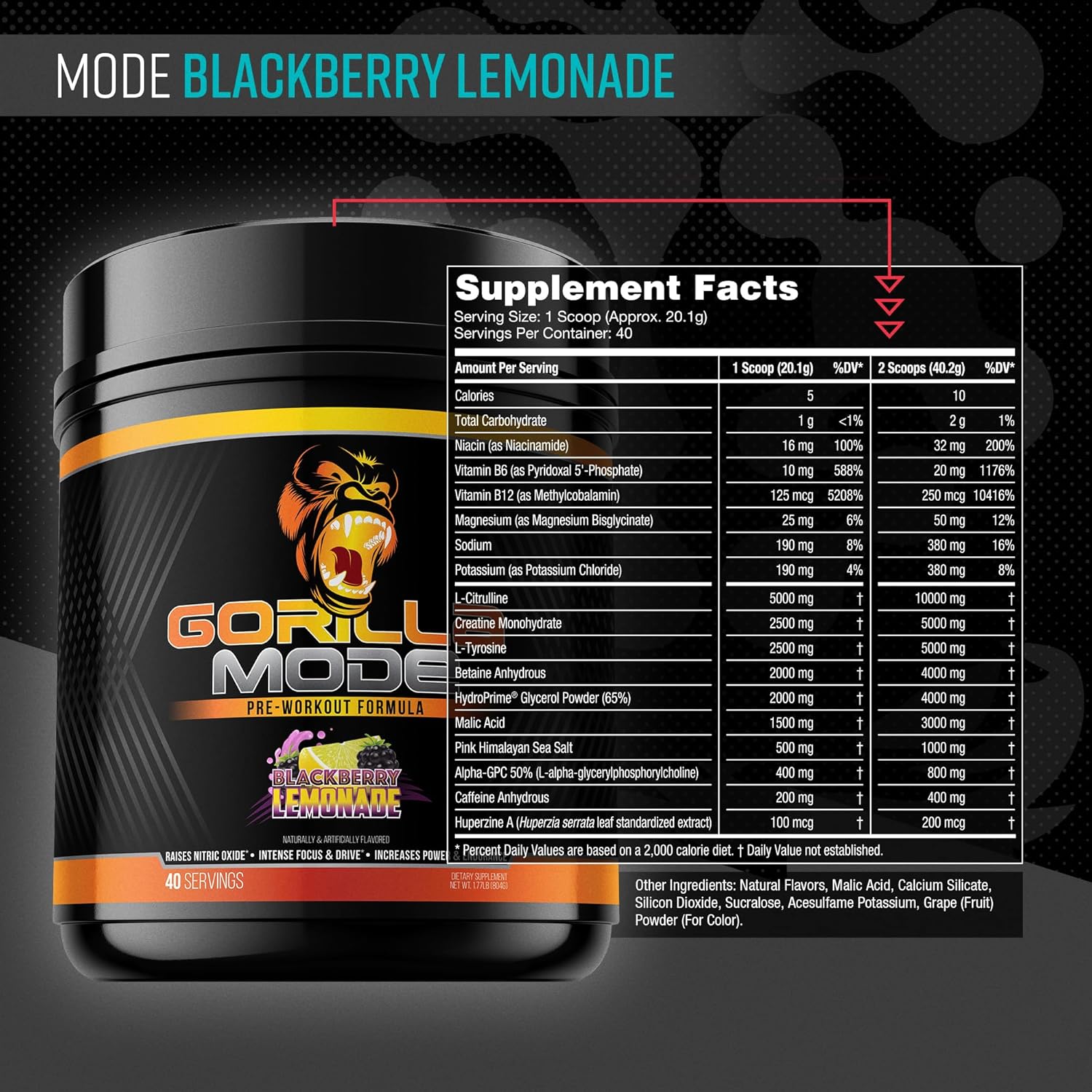 Gorilla Mind Pre Workout - Massive Pumps Laser Focus Energy Power - L-Citrulline, Creatine, L-Tyrosine, Betaine, Hydroprime, Alpha-GPC, 400mg Caffeine, Huperzine A 800g (BlackBerry Lemonade) - Image 2
