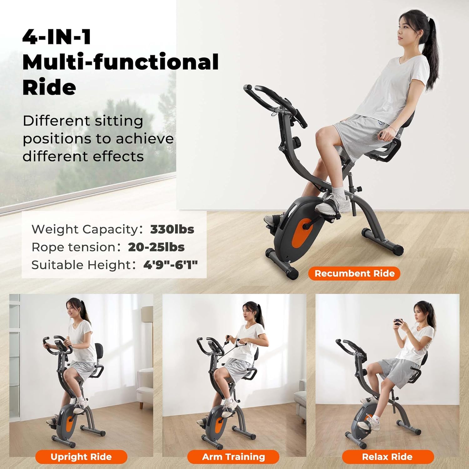 Exercise Bike Stationary Bike for Home Folding Exercise Bike with Arm Resistance Bands &Pulse Sensor LCD Monitor Recumbent Exercise Bikes for Home Workout - Image 8