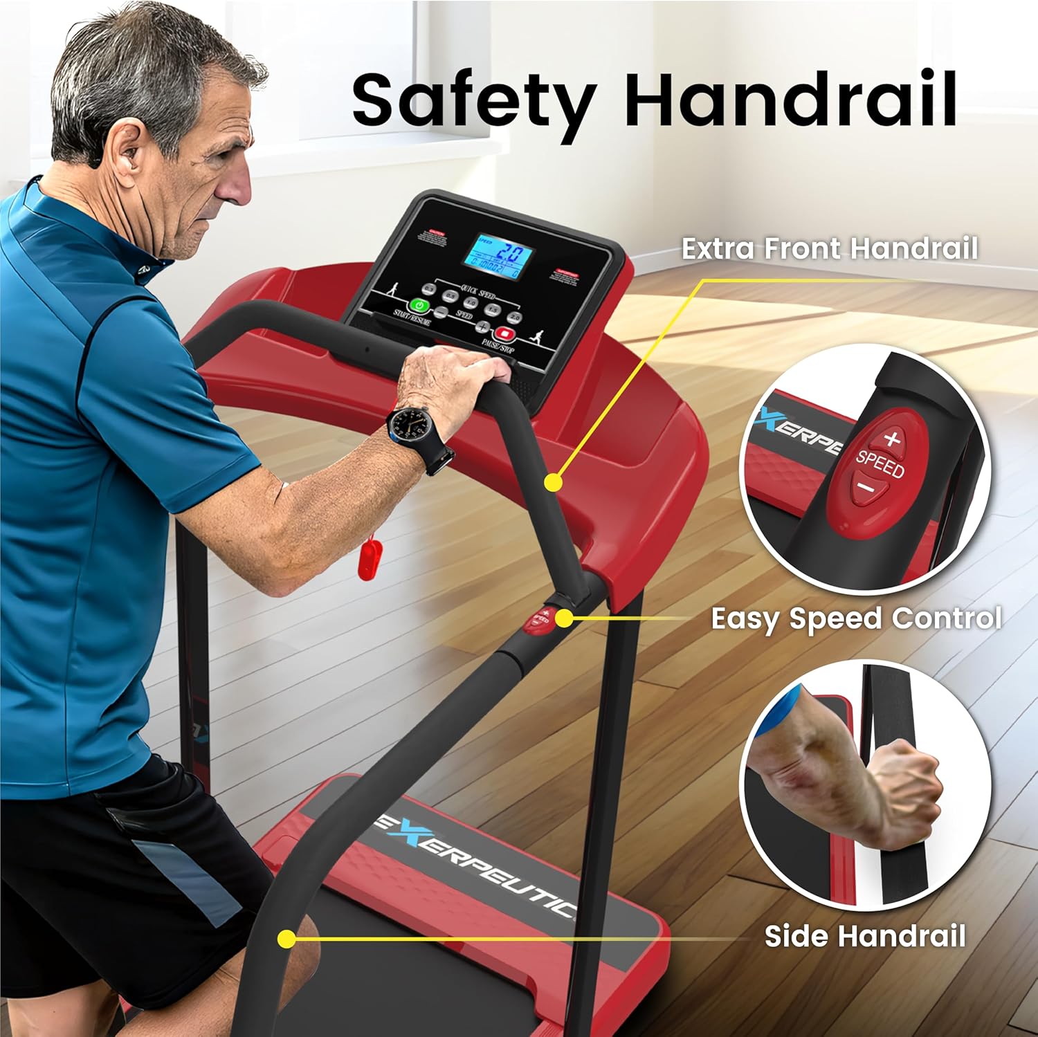 Senior Fitness Treadmill, 400 lb Capacity, Safe Design with Full-Length Rails, Low Step-Up Height, 0.2–4 MPH Motorized Walking Treadmill for Elderly, Recovery & Home Exercise - Image 5