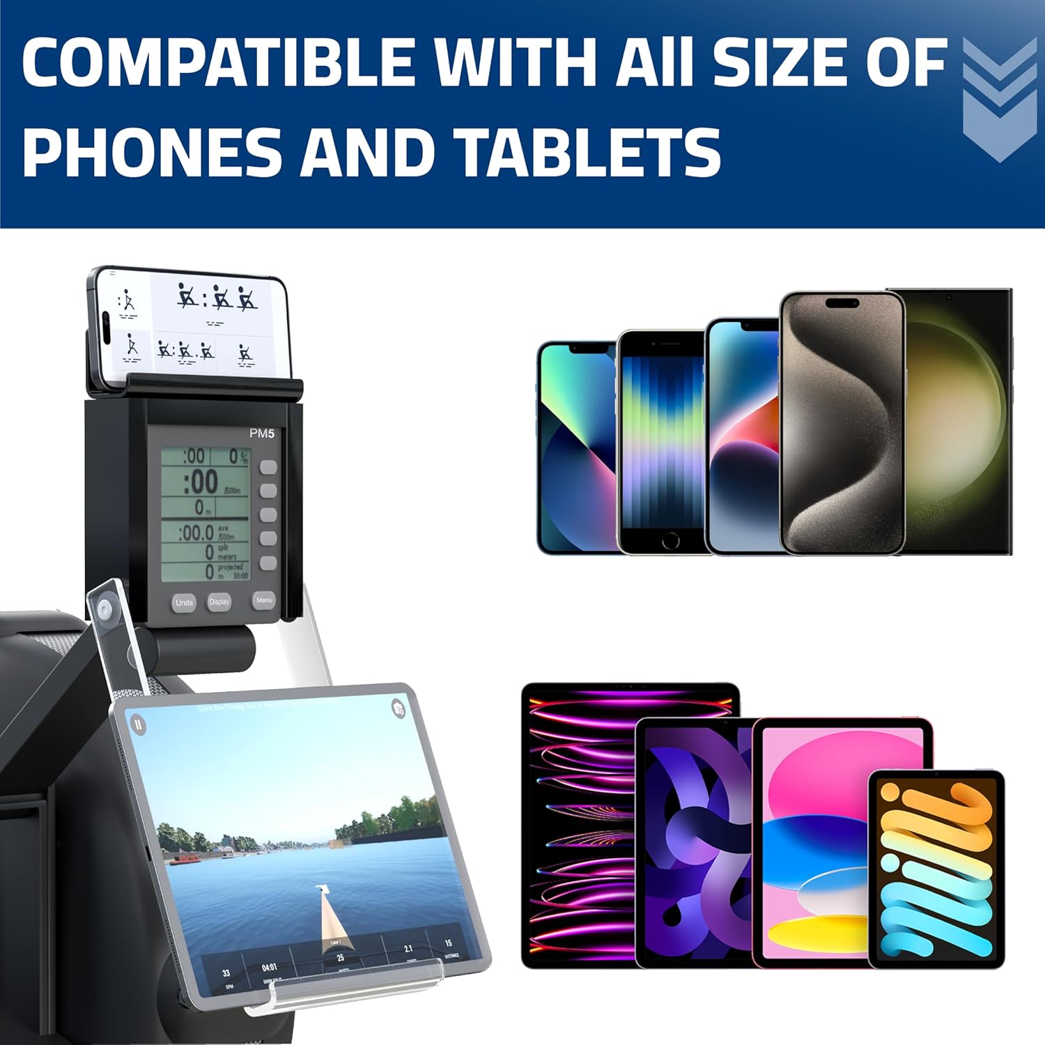 Phone & Tablet Holder Compatible with Concept 2 Rowing Machine & Skierg with PM5 Monitor, Rower Accessories, 2-in-1 Phone & Tablet Mount Stand for Model D&E and Rowerg, NOT for PM3/PM4, Patent Pending - Image 4
