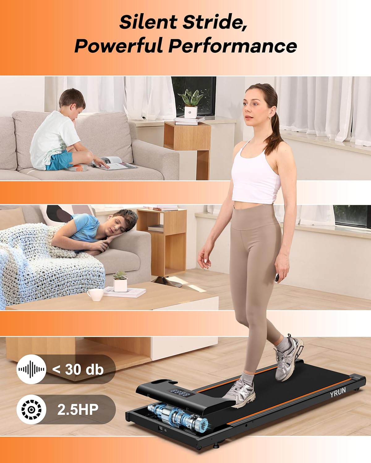 Walking Pad Under Desk Treadmill, 2.5HP Quiet Brushless Small Treadmill for Home and Office, Compact Portable Walking pad with Remote & App Control for Walking and Jogging - Image 2